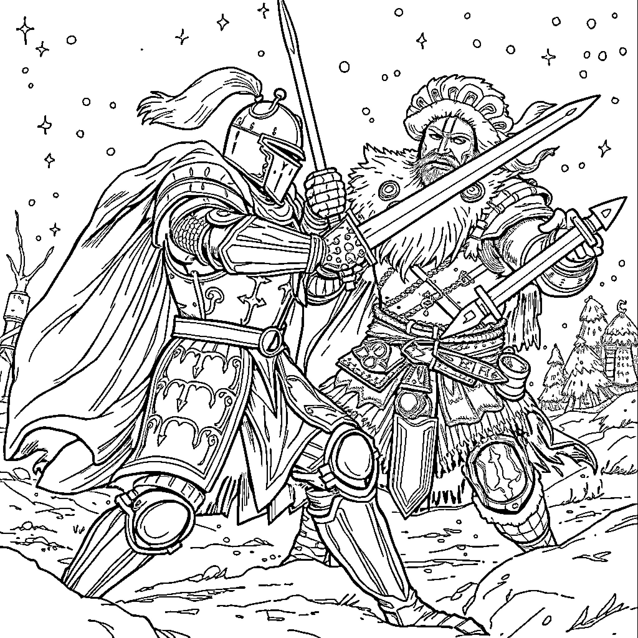 Knight Defending Kingdom with Sword and Armor Coloring Page (free black-and-white line drawing printable PDF for all, from beginners to advanced learners, including children, teens, adults, and seniors)