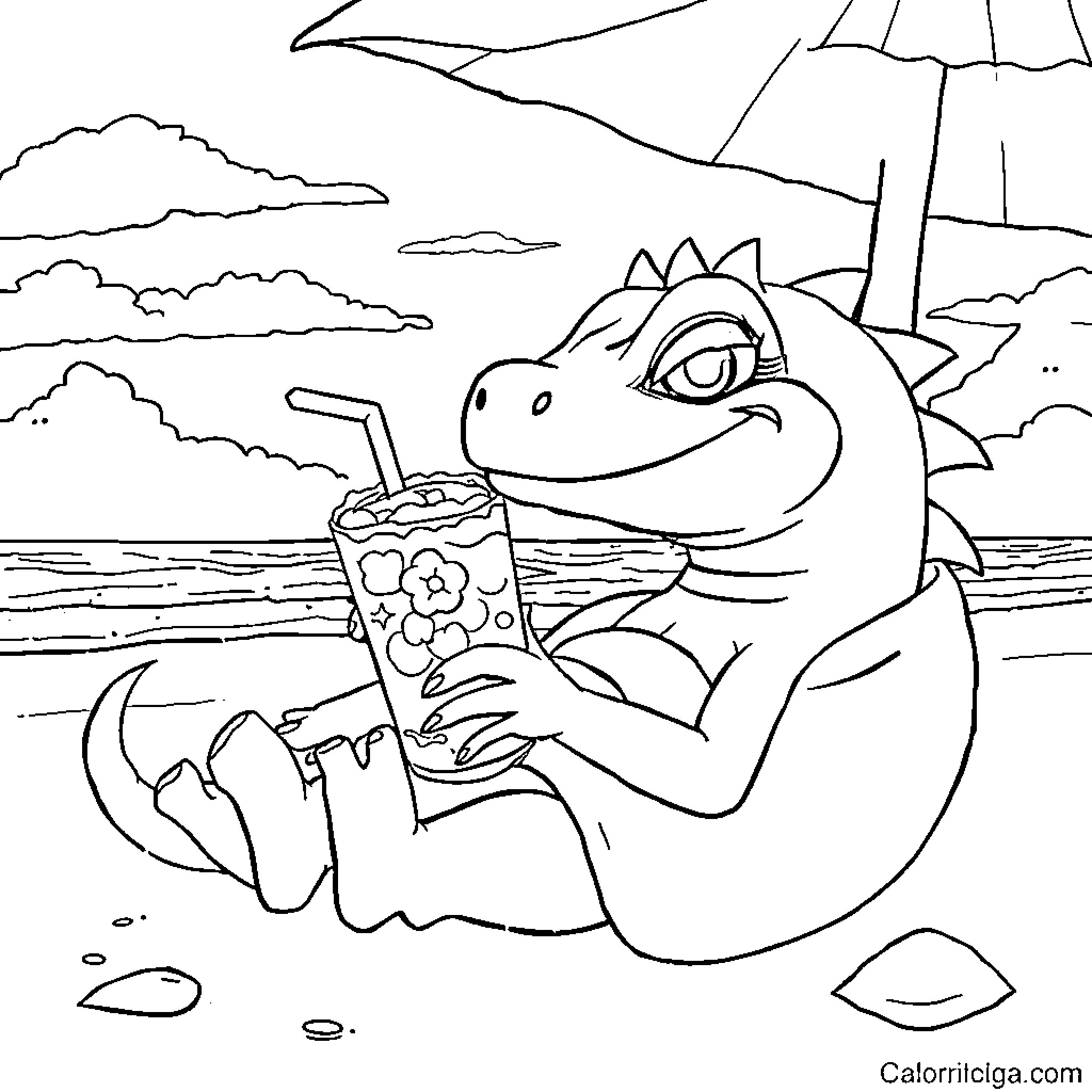 Monstruo enjoying a tropical drink by the beach Coloring Page (free black-and-white line drawing printable PDF for all, from beginners to advanced learners, including children, teens, adults, and seniors)