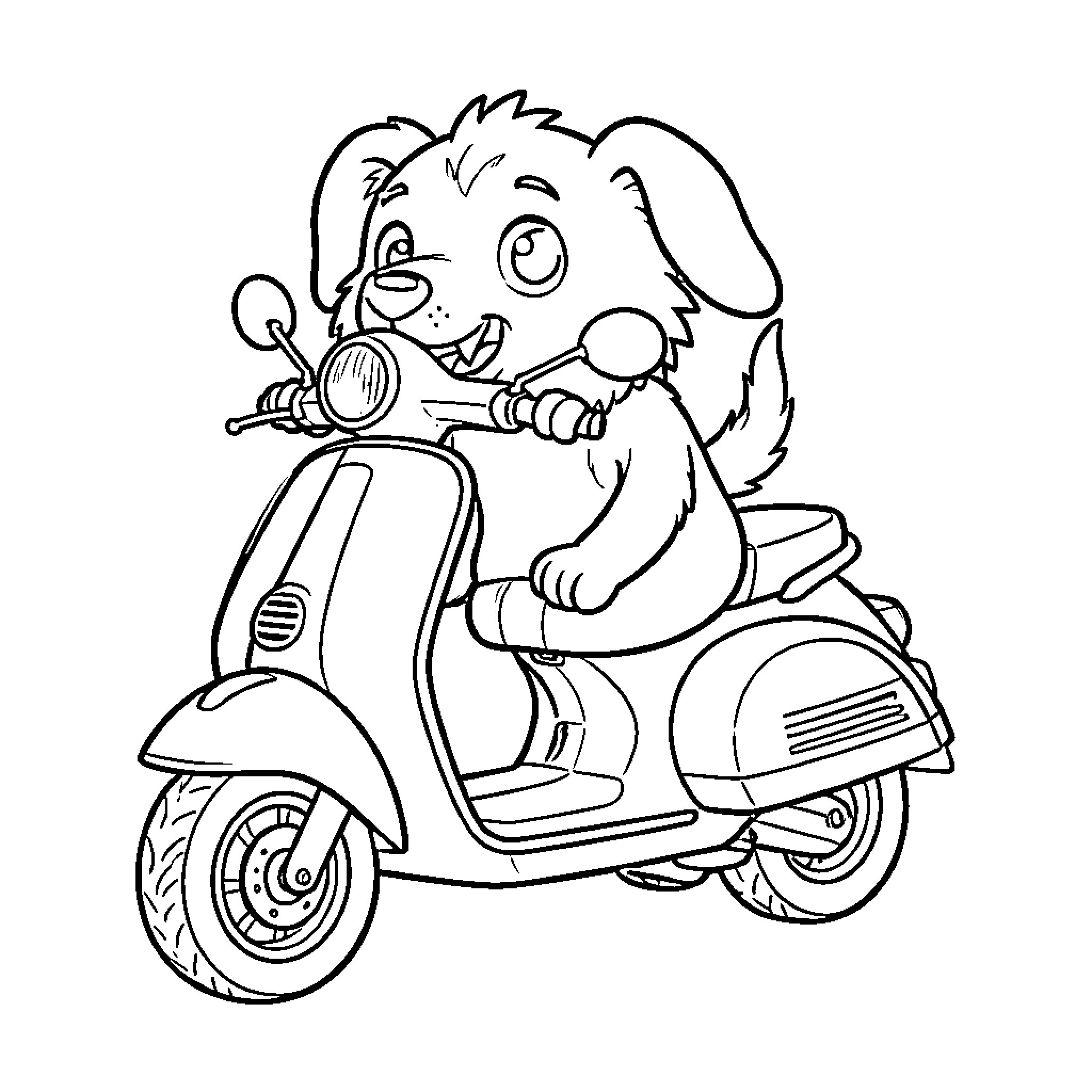 Dog Scooter riding happily on the road Coloring Page (free black-and-white line drawing printable PDF for all, from beginners to advanced learners, including children, teens, adults, and seniors)