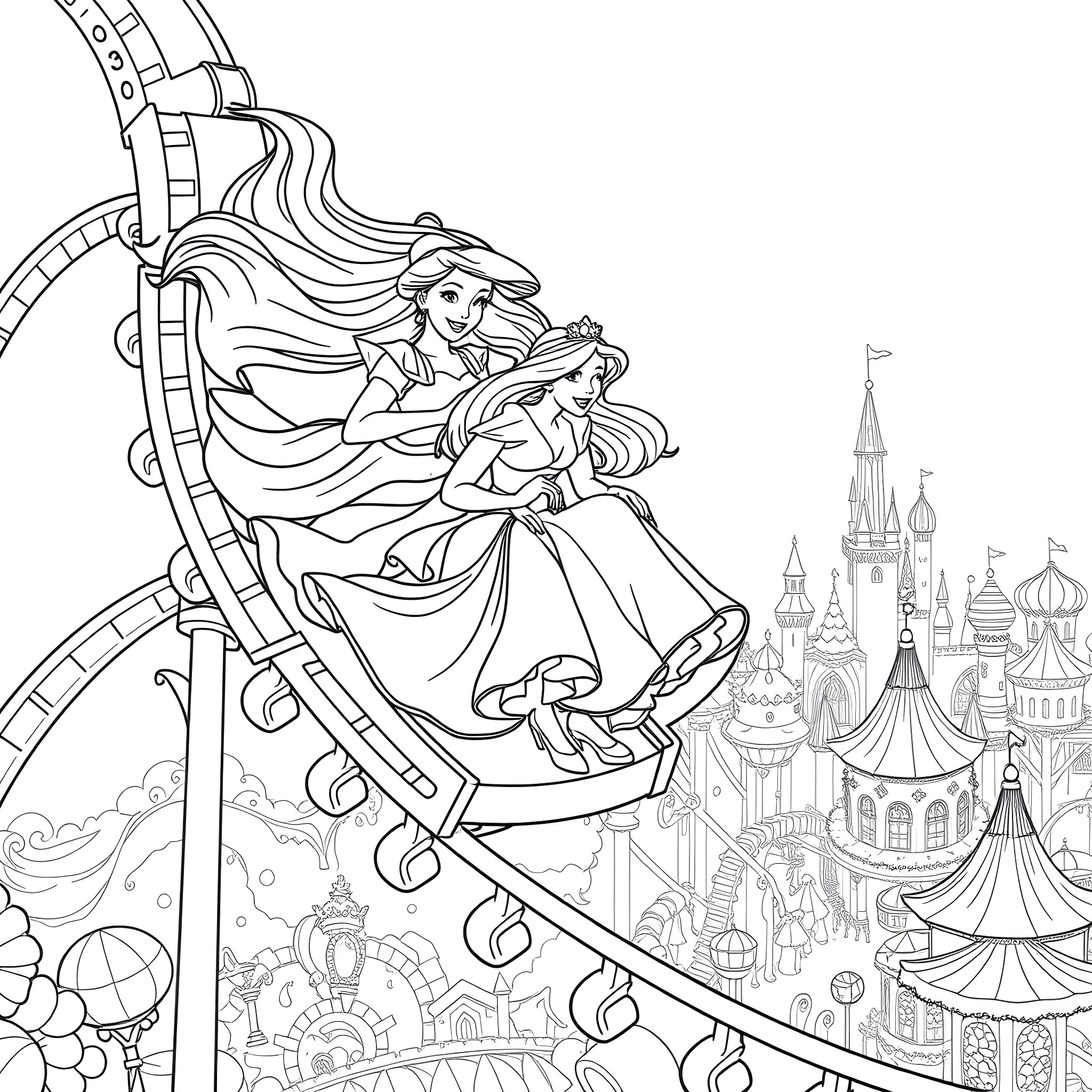 Disney Princess enjoying a Ferris Wheel ride in a fantastical castle setting Coloring Page (free black-and-white line drawing printable PDF for all, from beginners to advanced learners, including children, teens, adults, and seniors)
