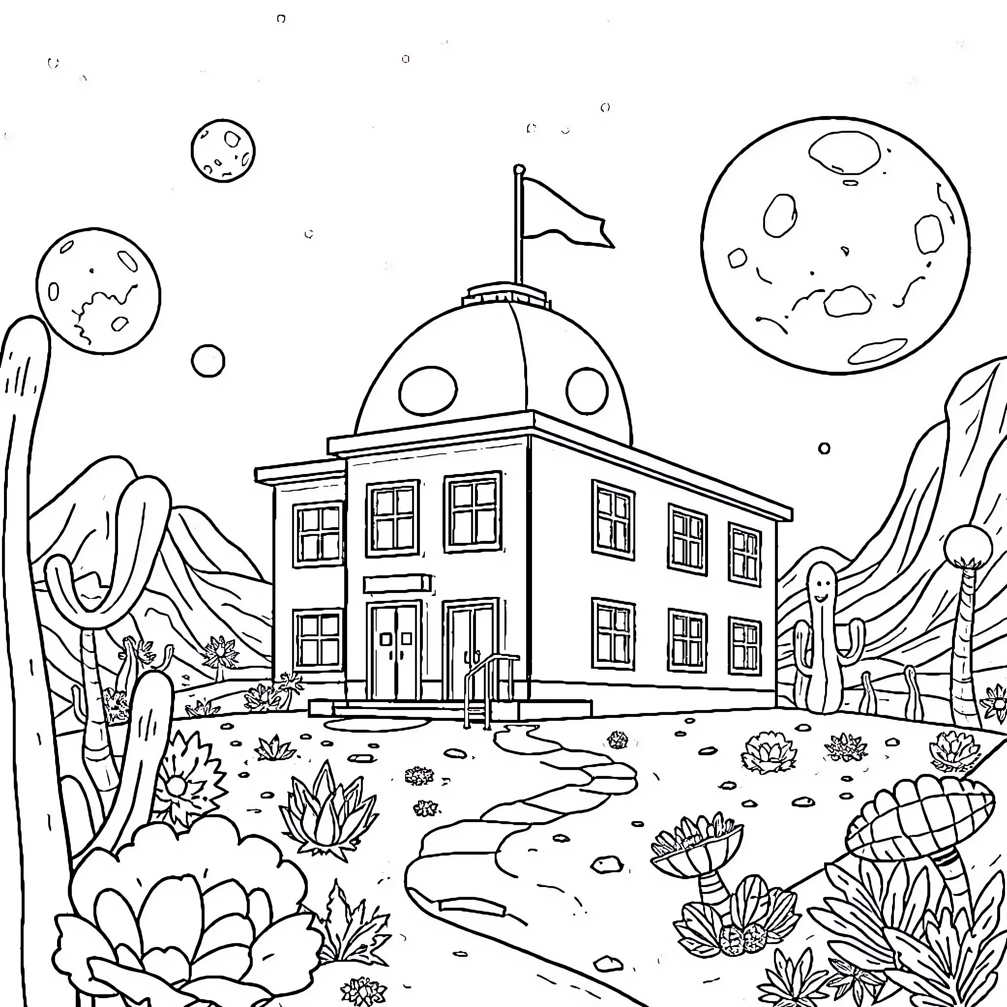 School building in surreal alien landscape Coloring Page (free black-and-white line drawing printable PDF for all, from beginners to advanced learners, including children, teens, adults, and seniors)