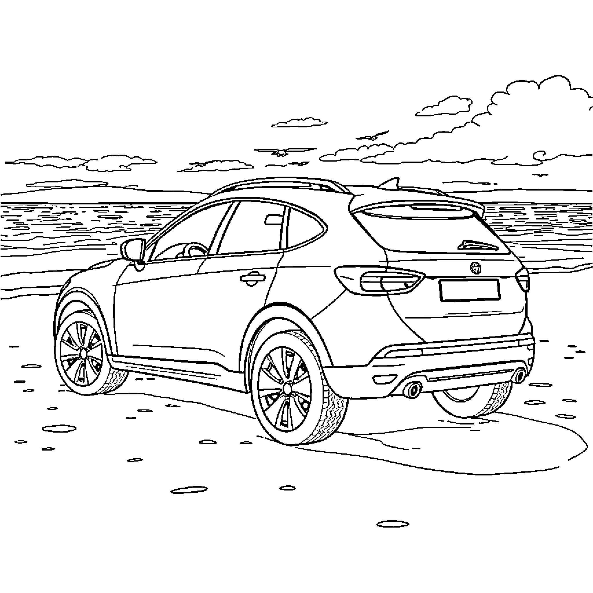 Car parked by the beach under cloudy skies Coloring Page (free black-and-white line drawing printable PDF for all, from beginners to advanced learners, including children, teens, adults, and seniors)