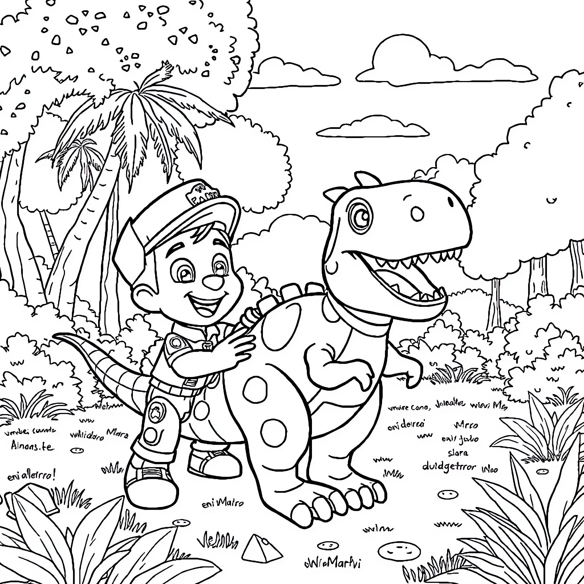 Chase and Marshall playing with a dinosaur in a tropical scene Coloring Page (free black-and-white line drawing printable PDF for all, from beginners to advanced learners, including children, teens, adults, and seniors)