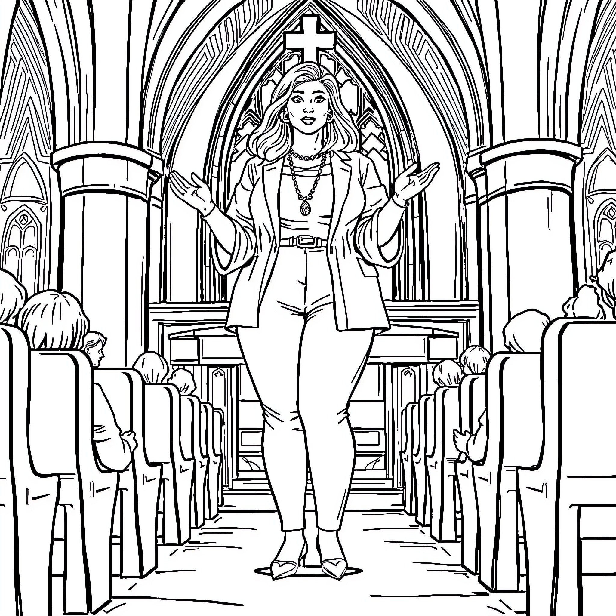 Woman standing in church with religious imagery Coloring Page (free black-and-white line drawing printable PDF for all, from beginners to advanced learners, including children, teens, adults, and seniors)