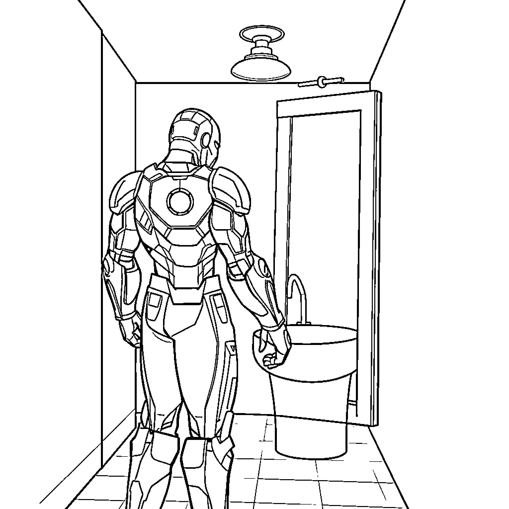 Ironman character in a home interior scene Coloring Page (free black-and-white line drawing printable PDF for all, from beginners to advanced learners, including children, teens, adults, and seniors)