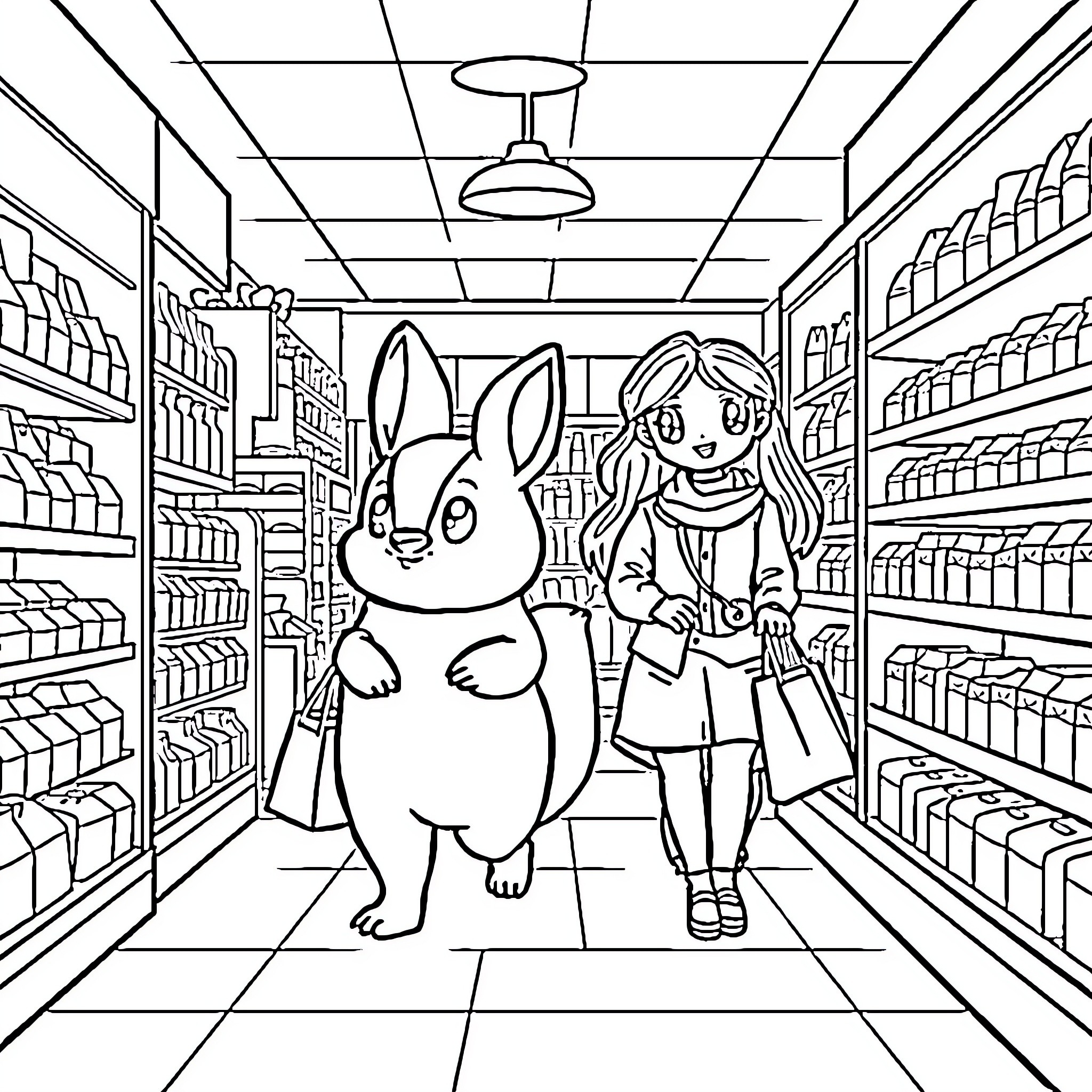 Cow shopping happily with young girl in supermarket Coloring Page (free black-and-white line drawing printable PDF for all, from beginners to advanced learners, including children, teens, adults, and seniors)