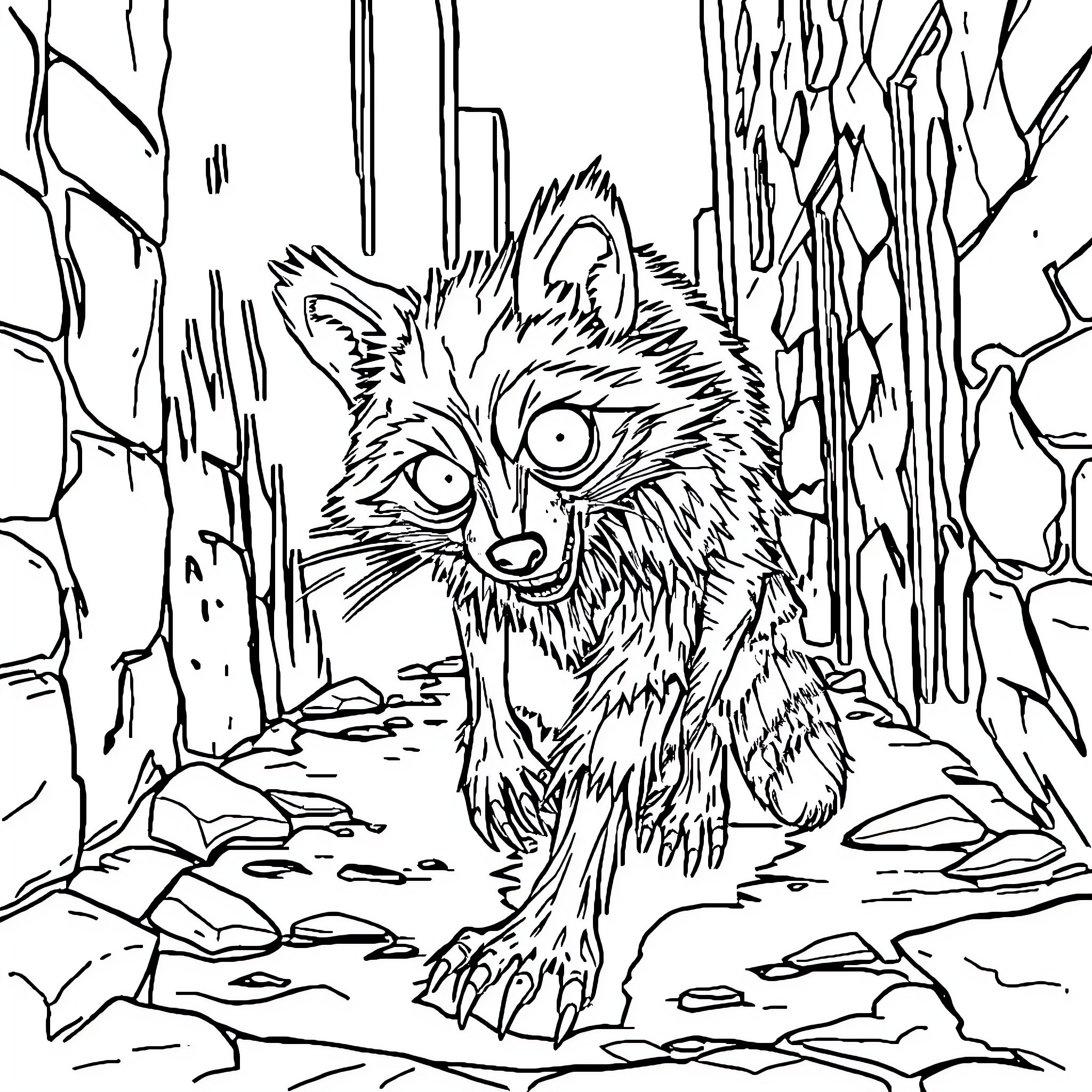Raccoon exploring the eerie forest Coloring Page (free black-and-white line drawing printable PDF for all, from beginners to advanced learners, including children, teens, adults, and seniors)