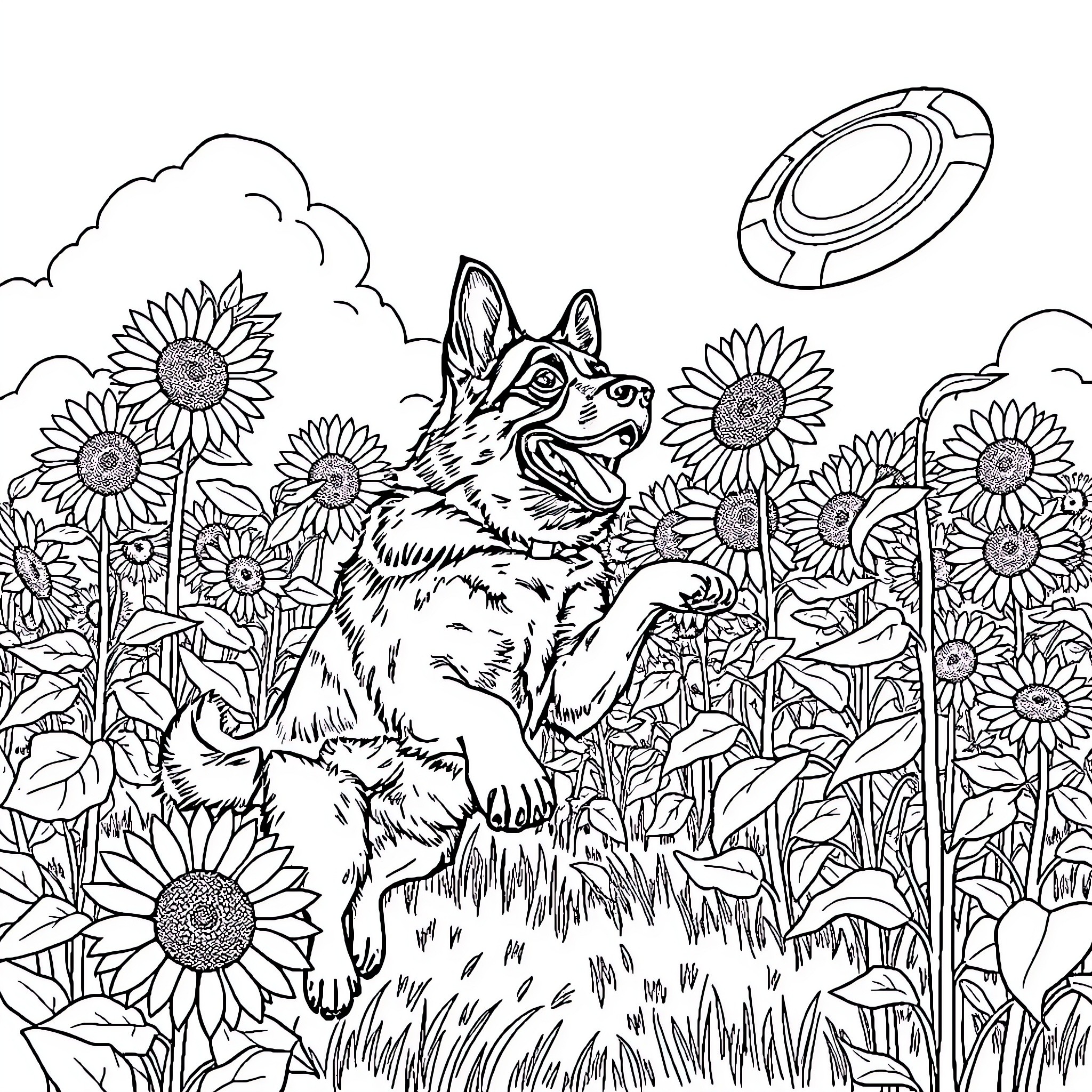 German Shepherd playing joyfully in sunflower field Coloring Page (free black-and-white line drawing printable PDF for all, from beginners to advanced learners, including children, teens, adults, and seniors)