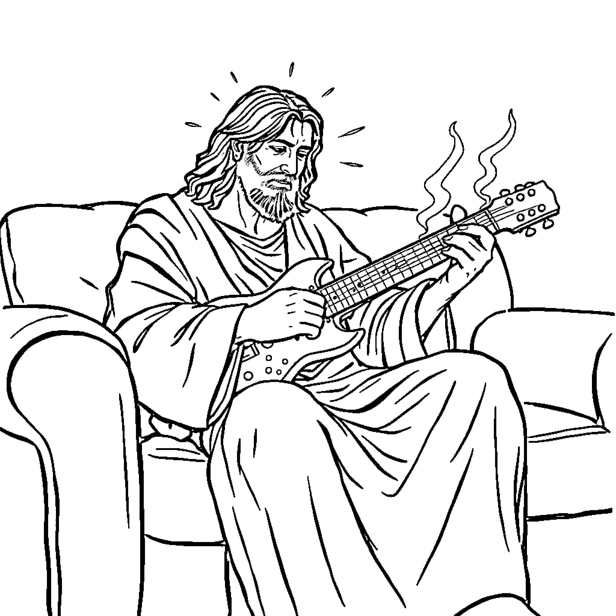 Jesus strumming a guitar and teaching with his words Coloring Page (free black-and-white line drawing printable PDF for all, from beginners to advanced learners, including children, teens, adults, and seniors)