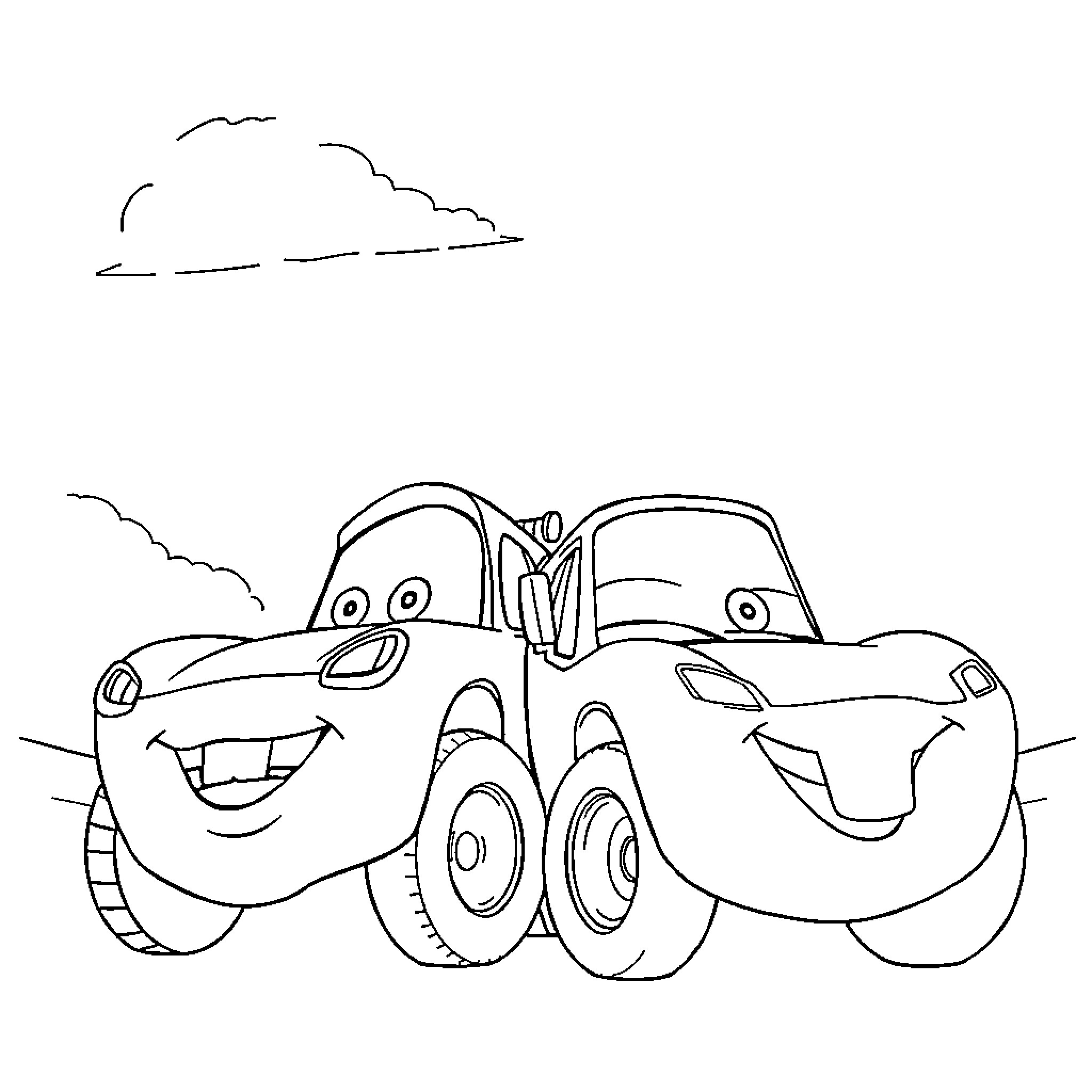 Mater's happy road trip with friends Coloring Page (free black-and-white line drawing printable PDF for all, from beginners to advanced learners, including children, teens, adults, and seniors)