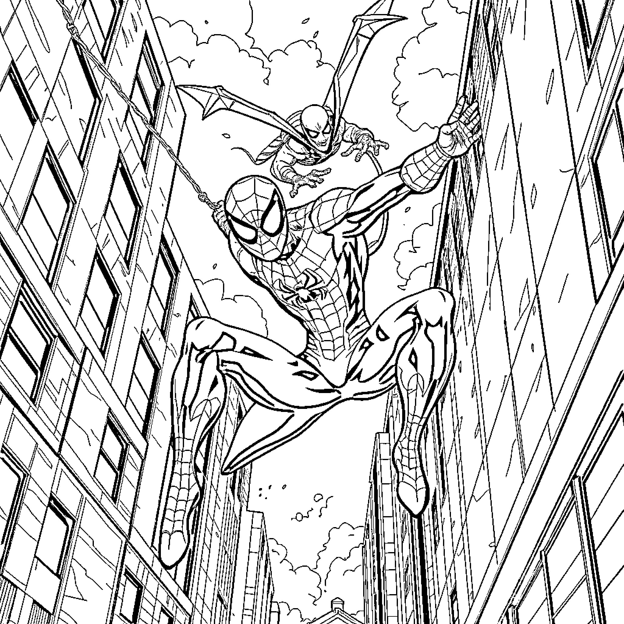 Spiderman swinging through the city with action Coloring Page (free black-and-white line drawing printable PDF for all, from beginners to advanced learners, including children, teens, adults, and seniors)