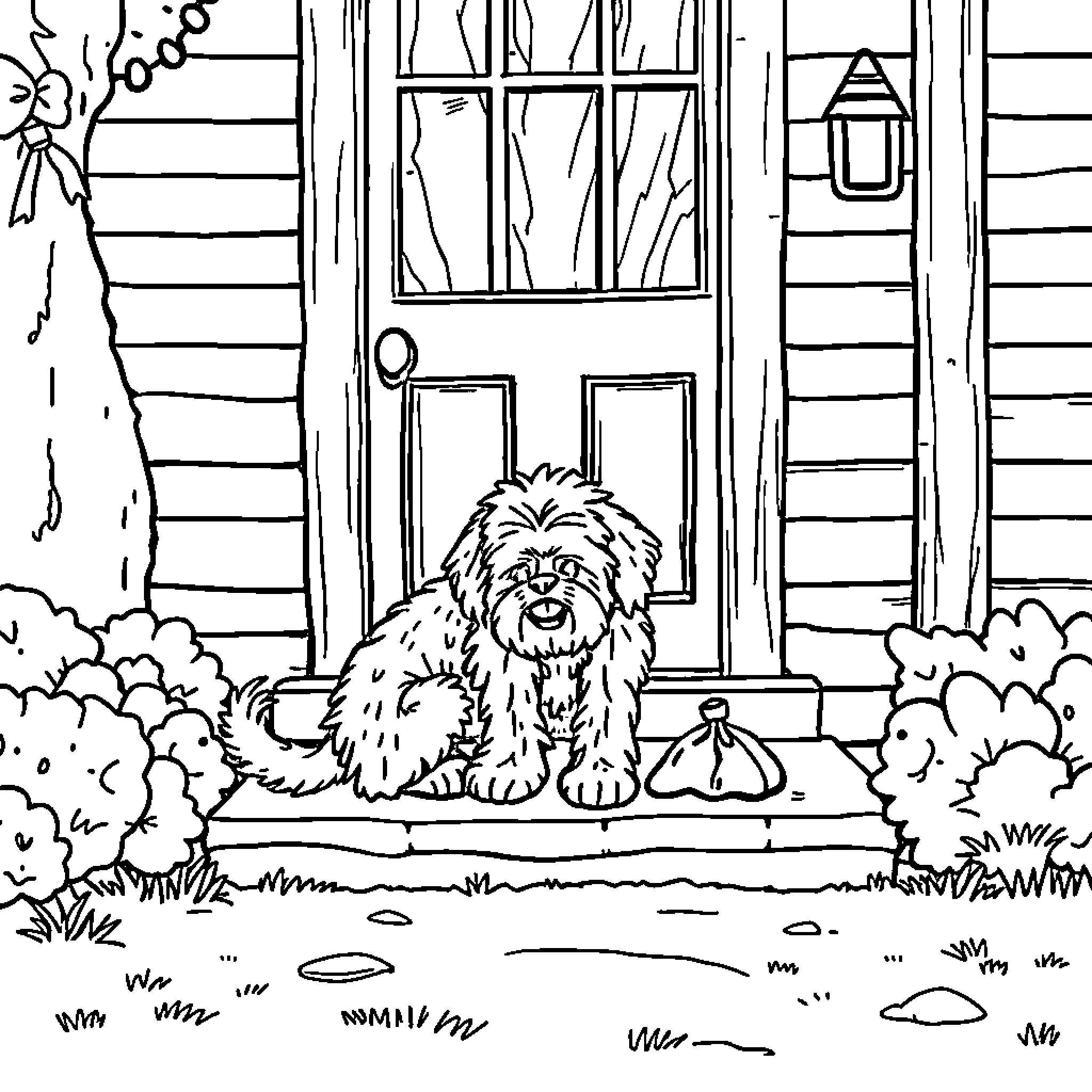 Dog sitting on porch of rustic cabin Coloring Page (free black-and-white line drawing printable PDF for all, from beginners to advanced learners, including children, teens, adults, and seniors)