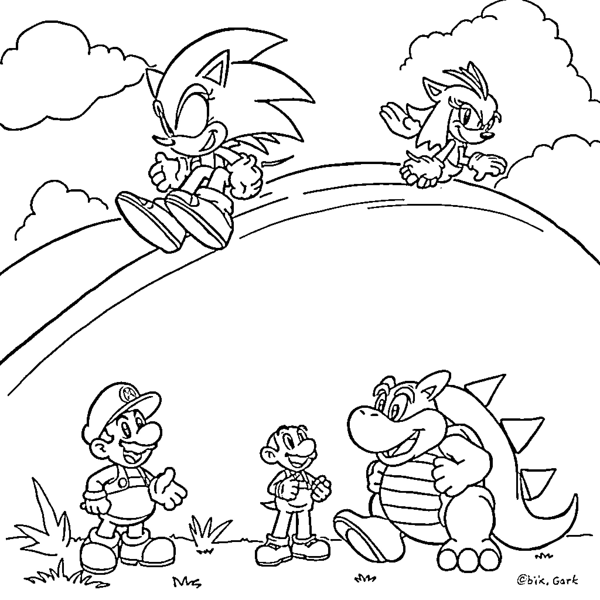 Sonic characters in adventurous outdoor scene Coloring Page (free black-and-white line drawing printable PDF for all, from beginners to advanced learners, including children, teens, adults, and seniors)