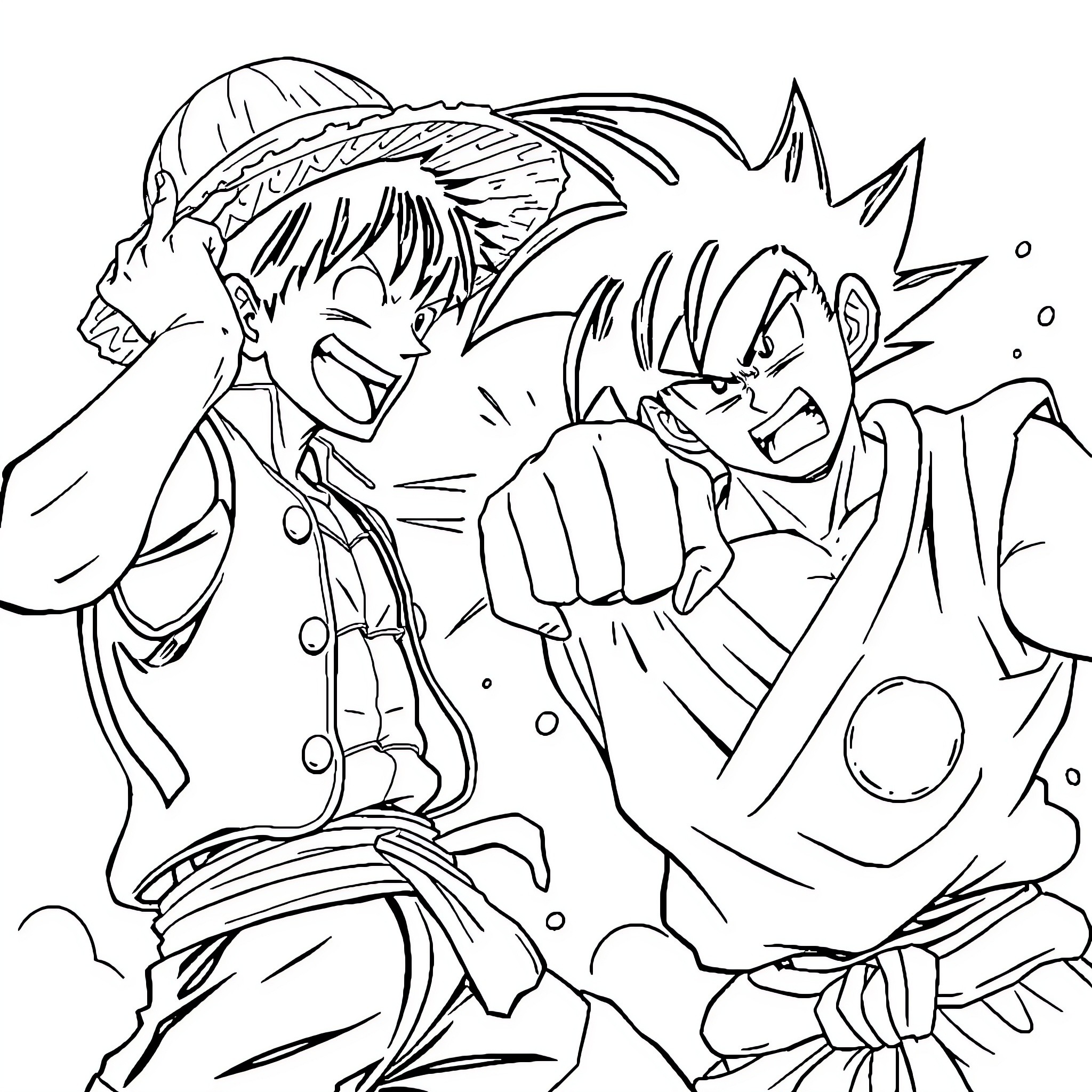 Luffy's Intense Battle with a Fierce Opponent Coloring Page (free black-and-white line drawing printable PDF for all, from beginners to advanced learners, including children, teens, adults, and seniors)