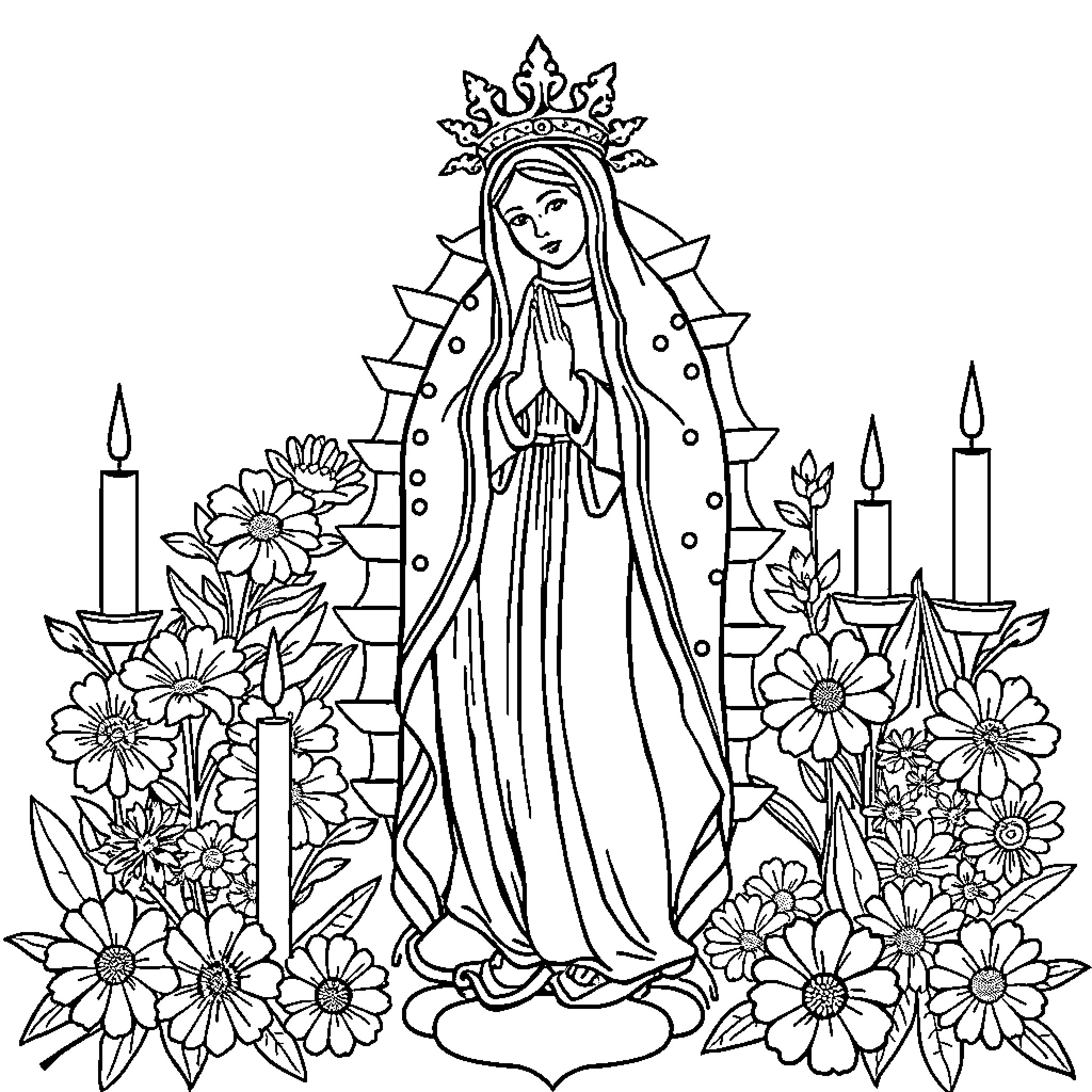 Virgen praying amidst flowers and candles Coloring Page (free black-and-white line drawing printable PDF for all, from beginners to advanced learners, including children, teens, adults, and seniors)