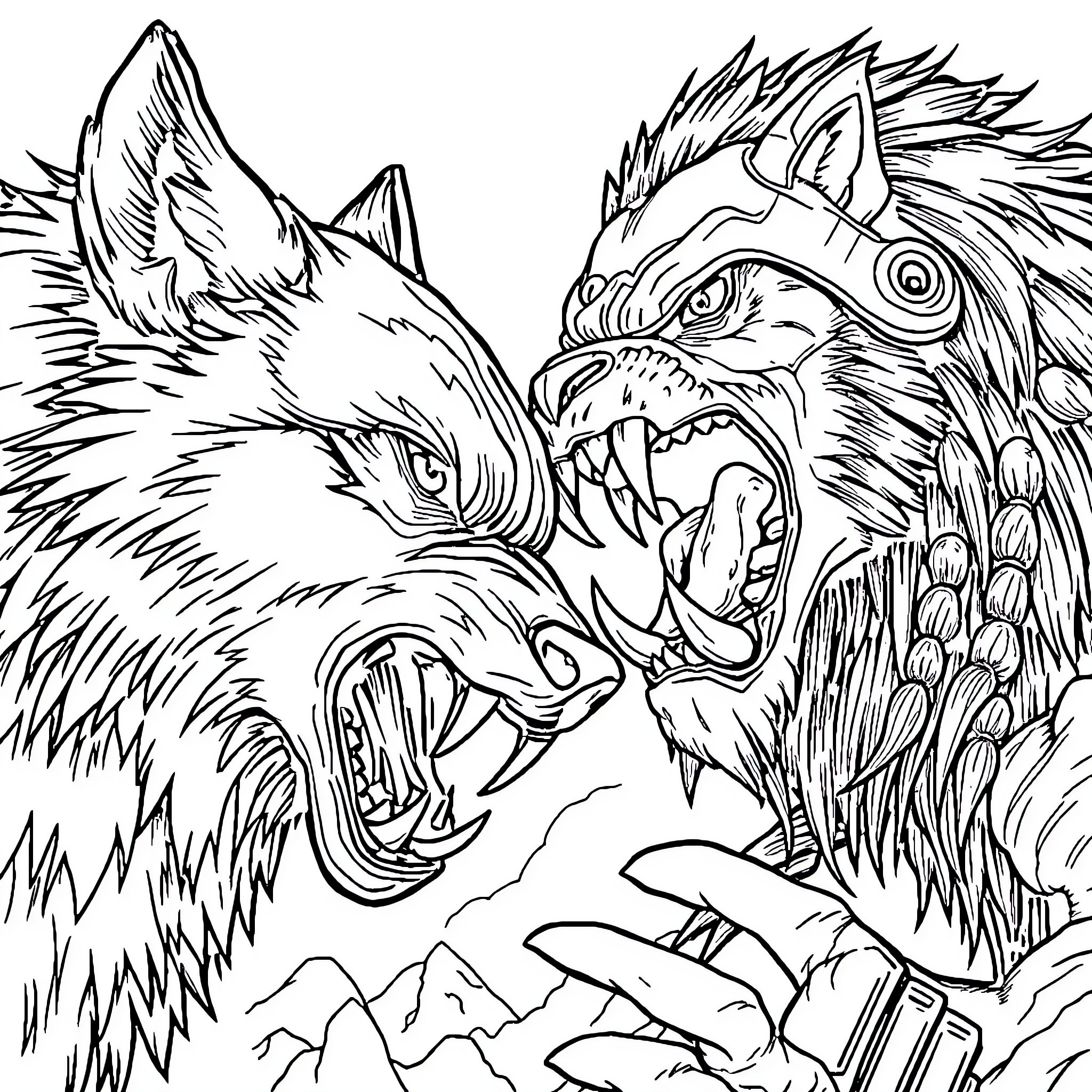 Wolf Pair Engaged in Fierce Combat Coloring Page (free black-and-white line drawing printable PDF for all, from beginners to advanced learners, including children, teens, adults, and seniors)