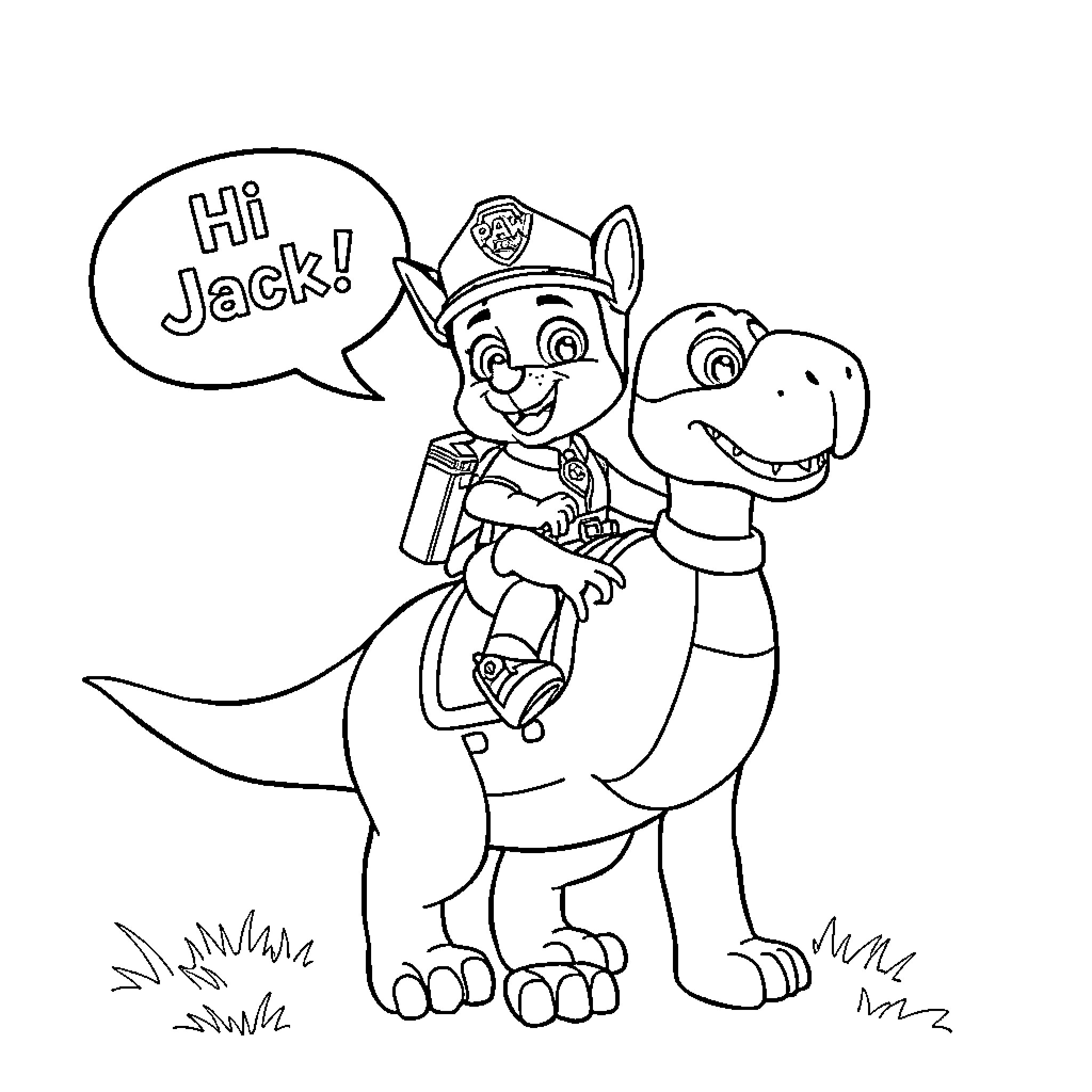 Marshall greeting friends on his dinosaur adventure Coloring Page (free black-and-white line drawing printable PDF for all, from beginners to advanced learners, including children, teens, adults, and seniors)