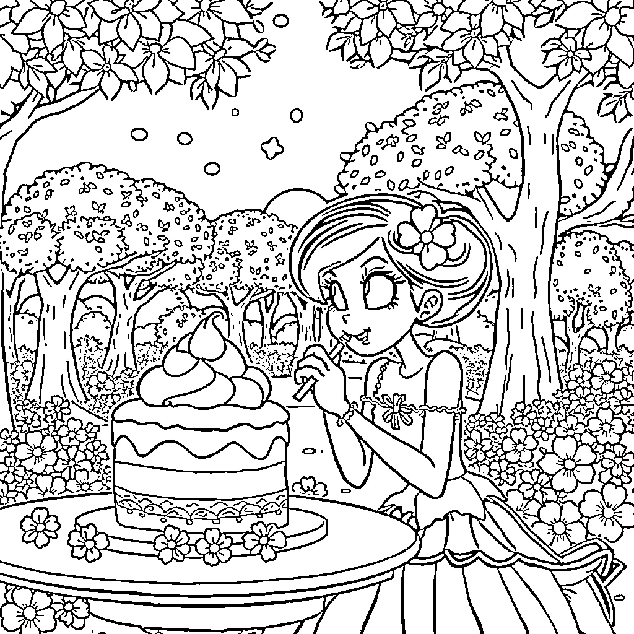 Miraculous Girl Enjoying Cake in Floral Garden Coloring Page (free black-and-white line drawing printable PDF for all, from beginners to advanced learners, including children, teens, adults, and seniors)