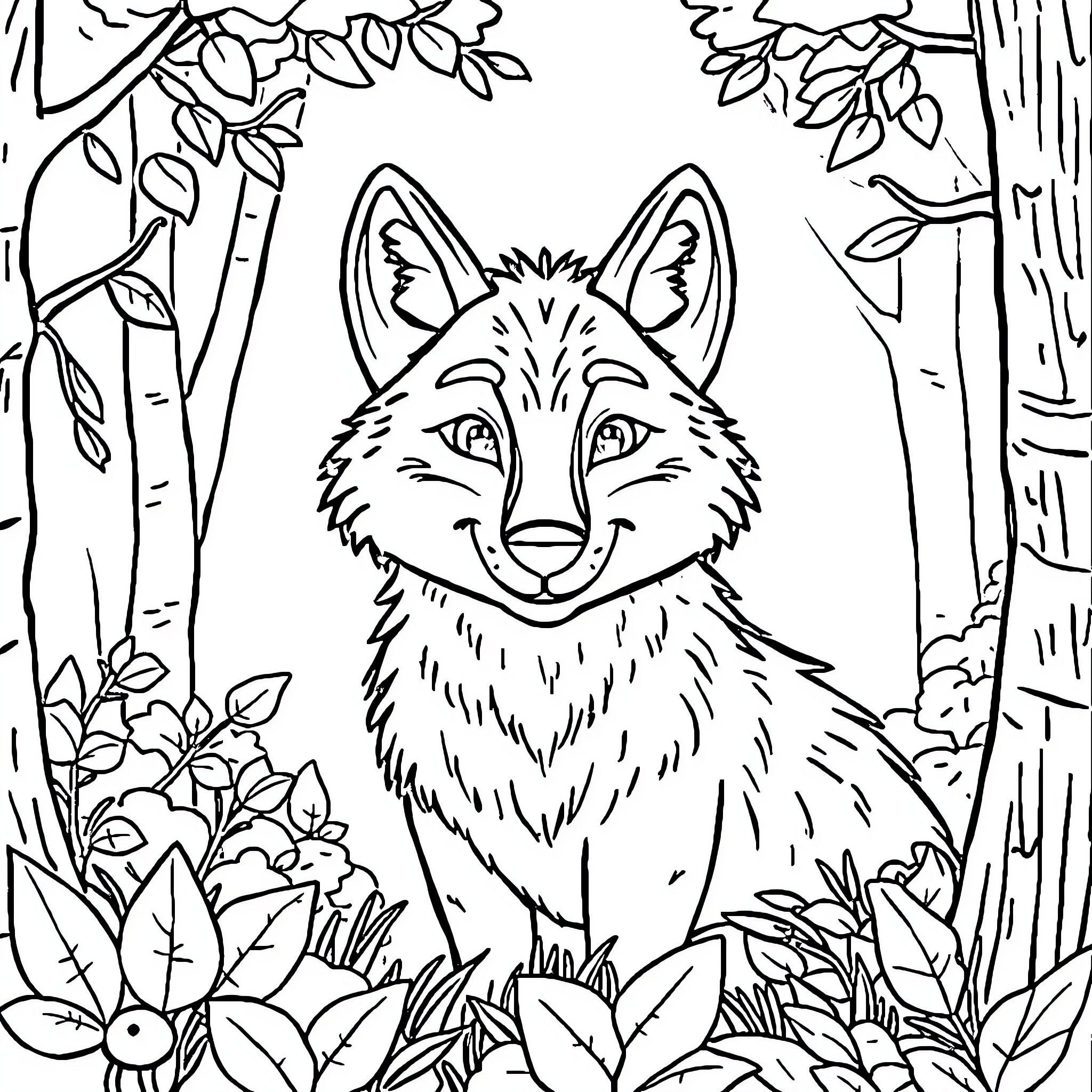 Wolf exploring the enchanted forest Coloring Page (free black-and-white line drawing printable PDF for all, from beginners to advanced learners, including children, teens, adults, and seniors)