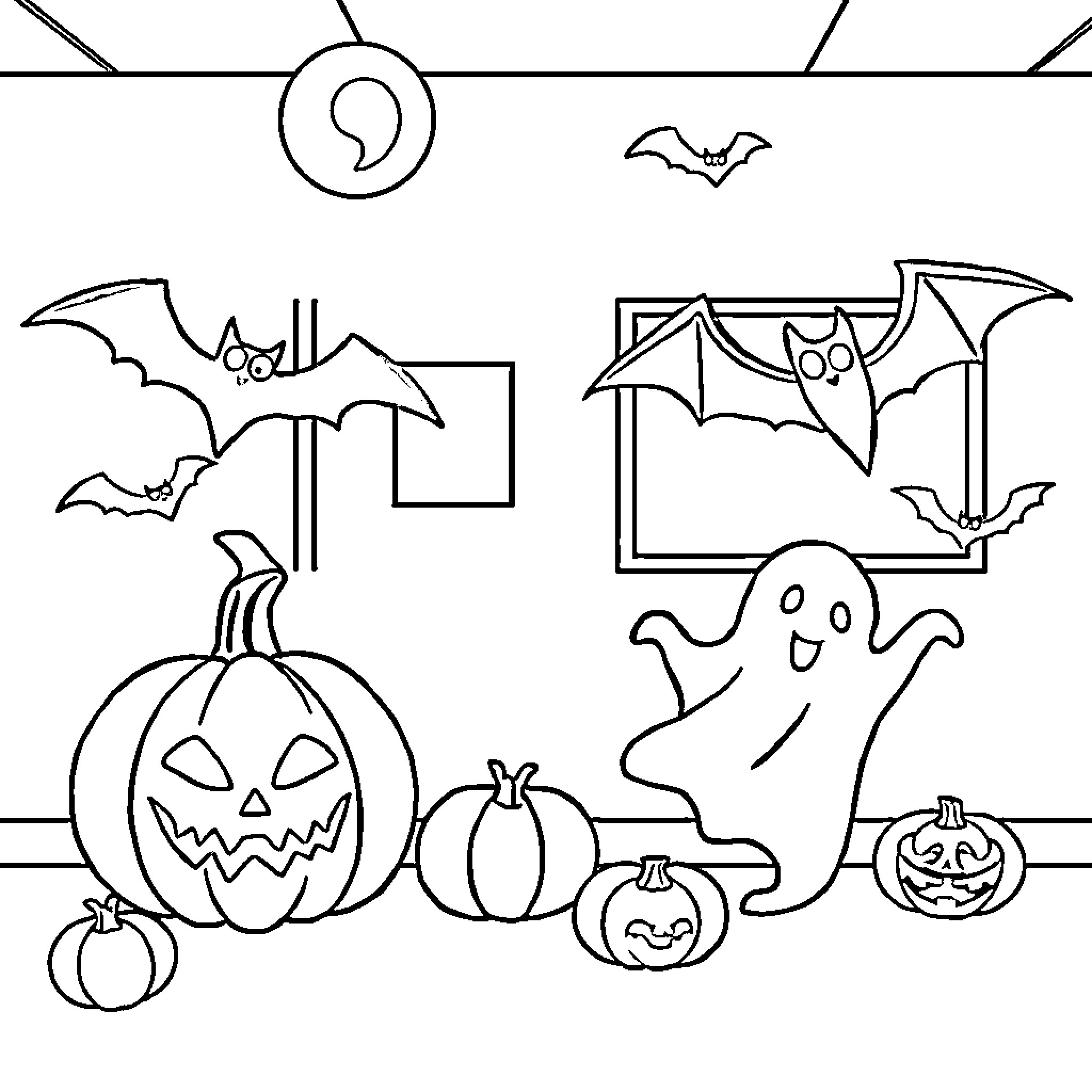 Shape Spooky Halloween Decorations and Scenes Coloring Page (free black-and-white line drawing printable PDF for all, from beginners to advanced learners, including children, teens, adults, and seniors)