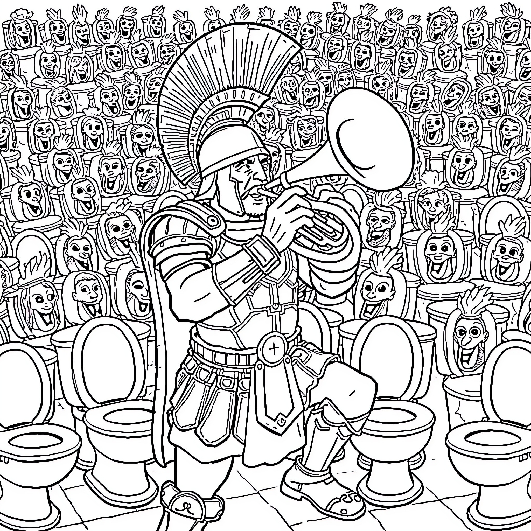 Spartan warrior commanding a crowd with a megaphone Coloring Page (free black-and-white line drawing printable PDF for all, from beginners to advanced learners, including children, teens, adults, and seniors)