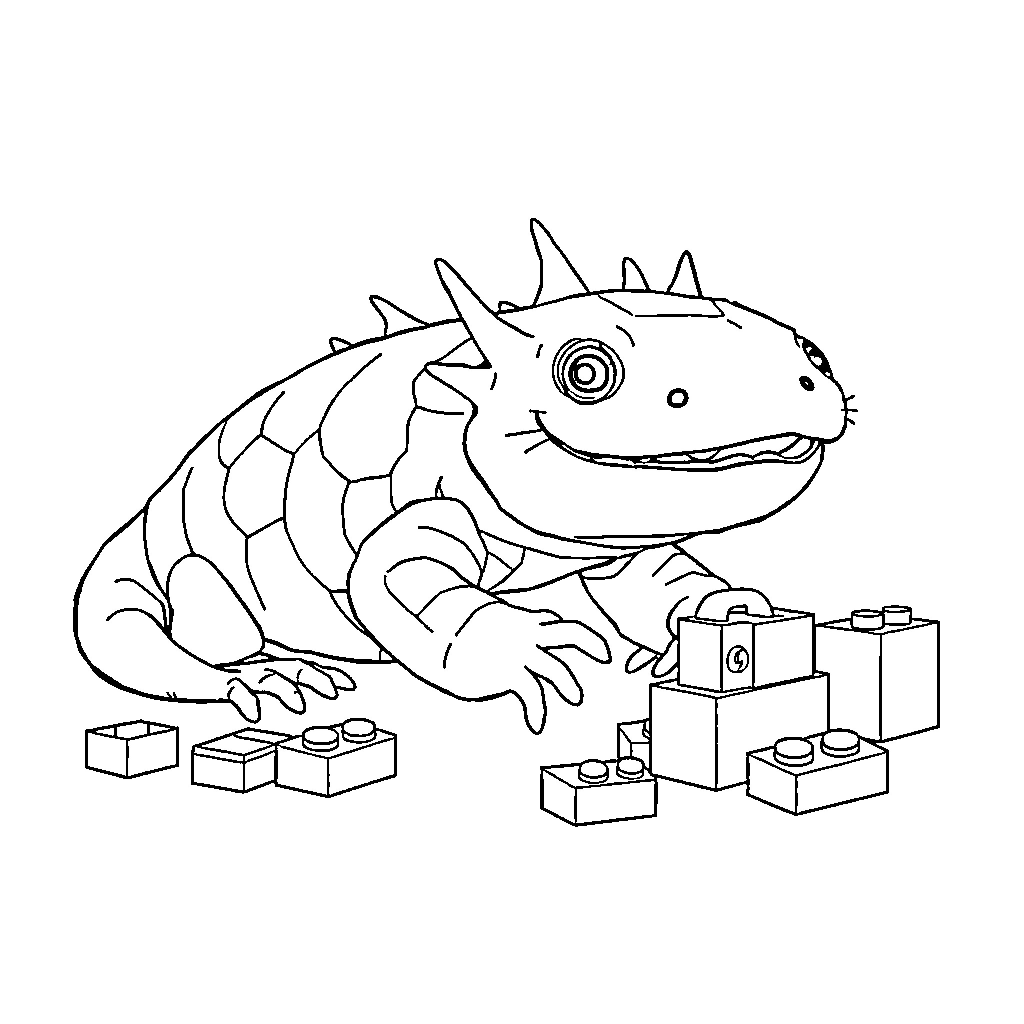 Axolotl playing with building blocks Coloring Page (free black-and-white line drawing printable PDF for all, from beginners to advanced learners, including children, teens, adults, and seniors)