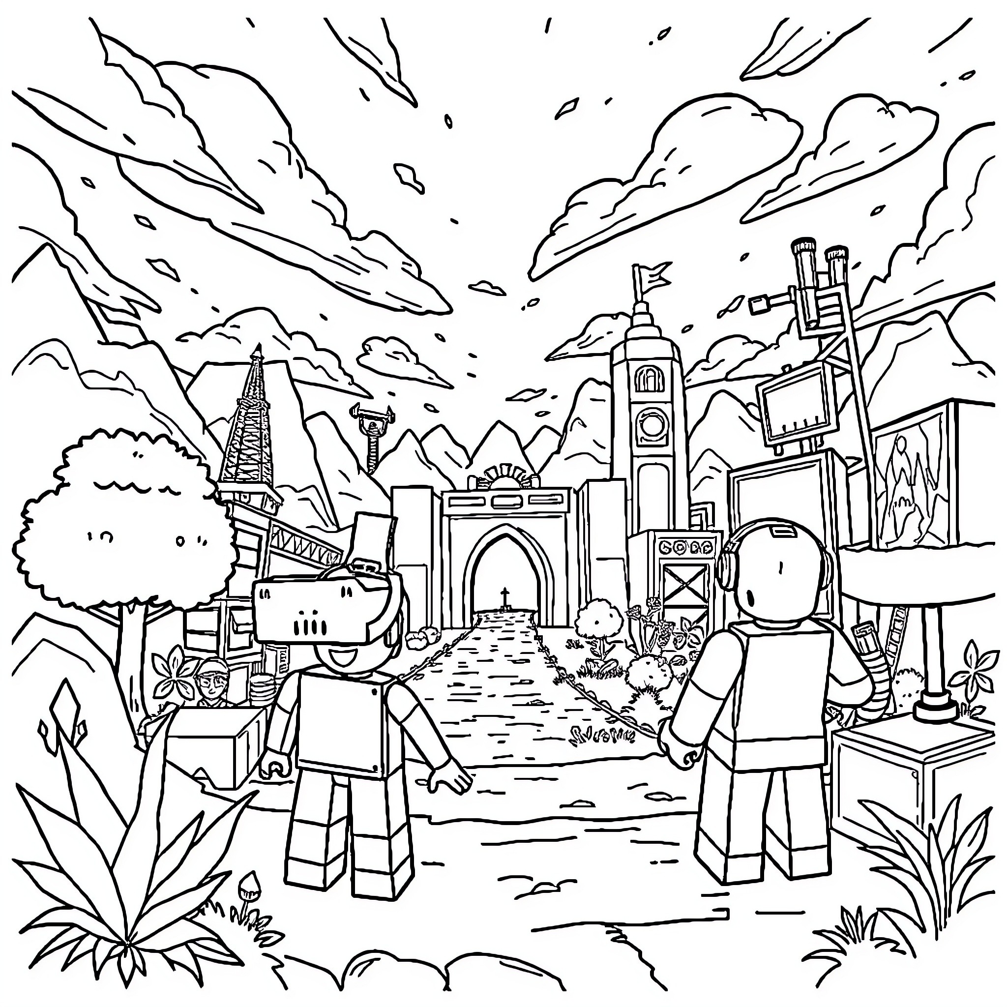 Roblox characters exploring a fantastical landscape Coloring Page (free black-and-white line drawing printable PDF for all, from beginners to advanced learners, including children, teens, adults, and seniors)