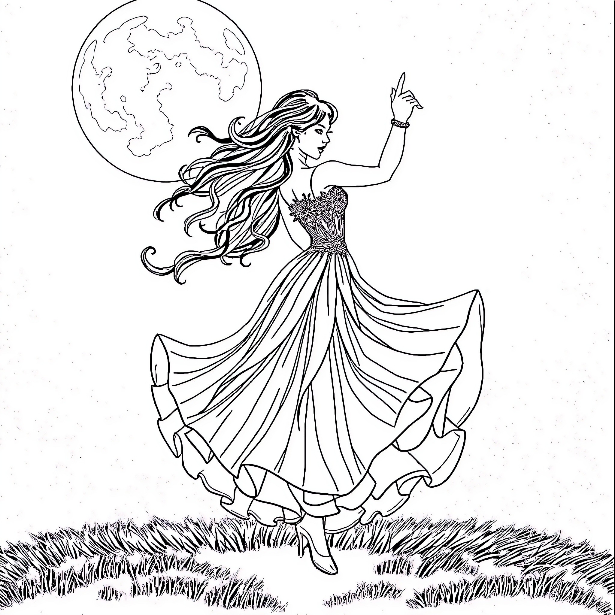 Rapunzel dancing joyfully under the moonlight Coloring Page (free black-and-white line drawing printable PDF for all, from beginners to advanced learners, including children, teens, adults, and seniors)