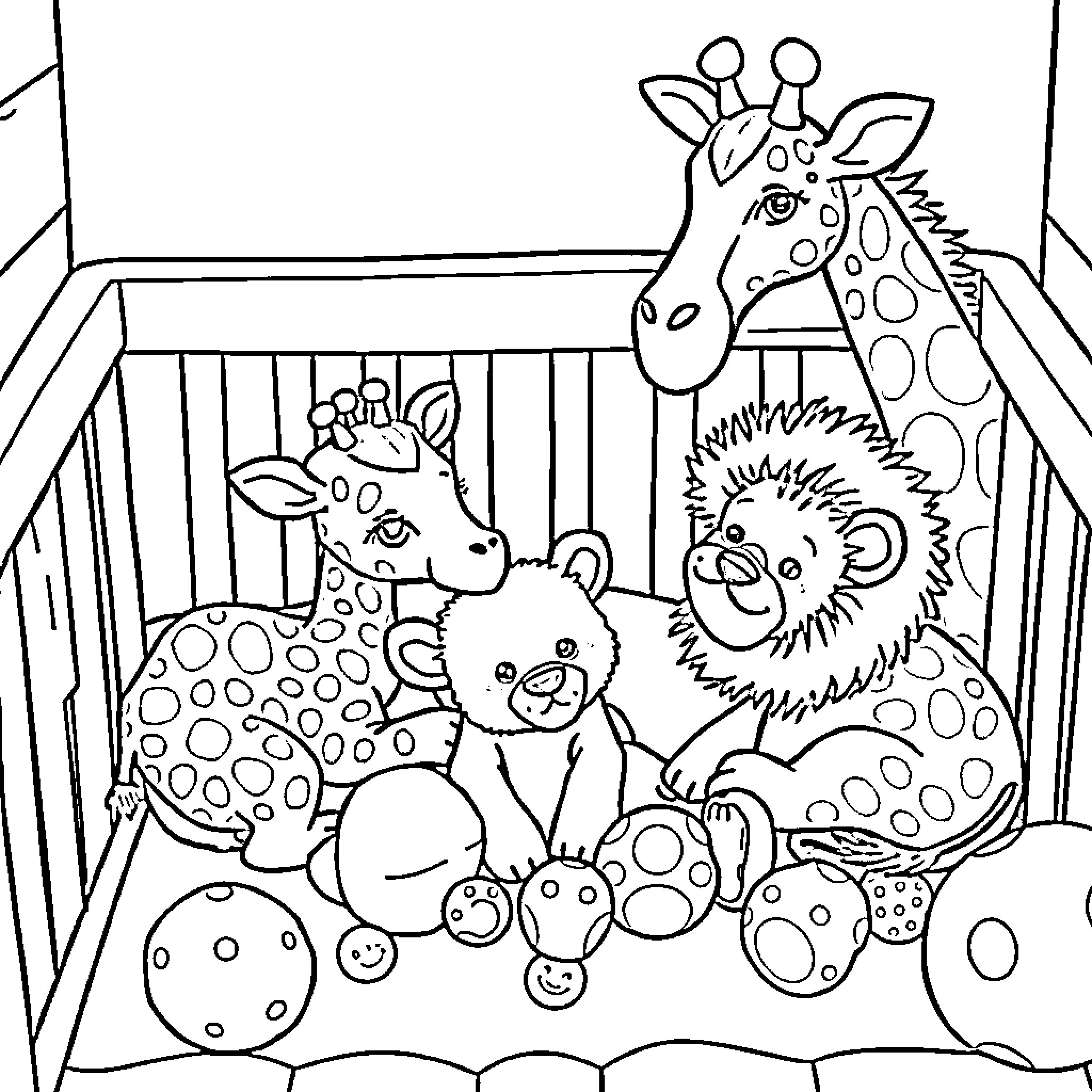 Giraffe and animal friends in a cozy playpen Coloring Page (free black-and-white line drawing printable PDF for all, from beginners to advanced learners, including children, teens, adults, and seniors)