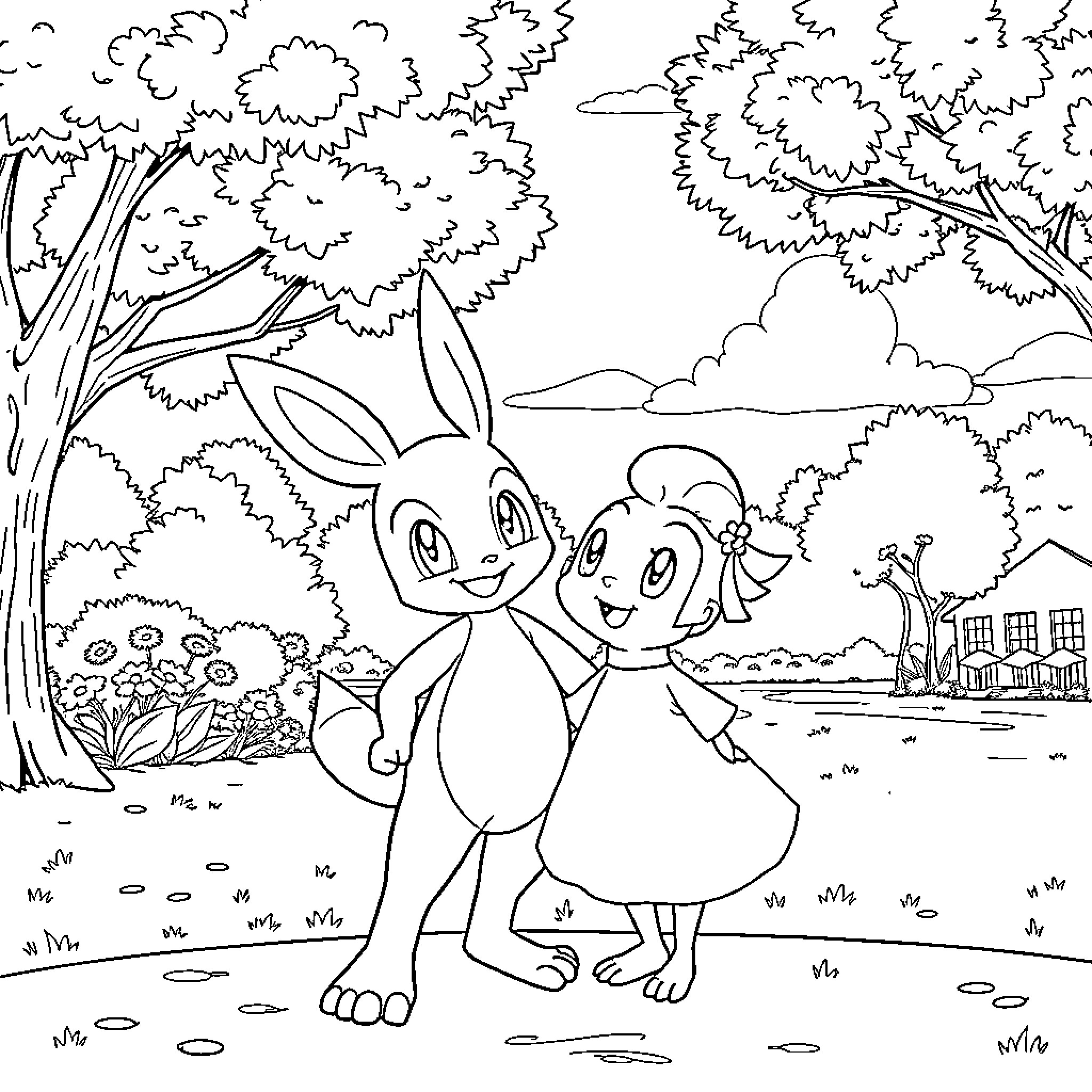 Sangohan's Magical Adventure in the Enchanted Forest Coloring Page (free black-and-white line drawing printable PDF for all, from beginners to advanced learners, including children, teens, adults, and seniors)