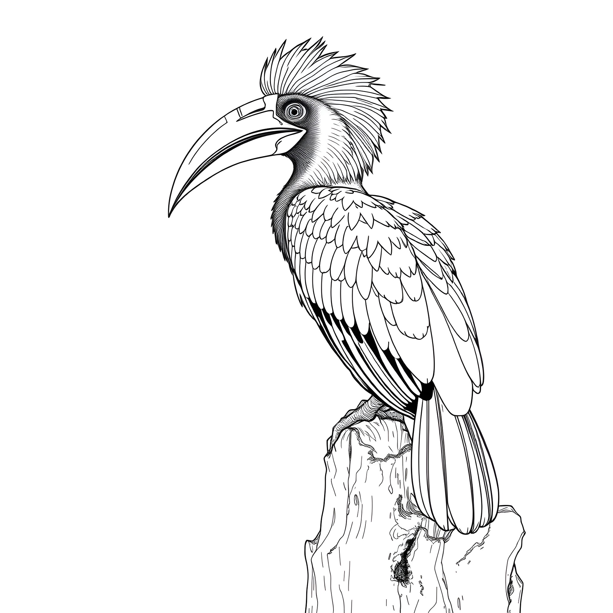 Hornbill perched on a tree branch Coloring Page (free black-and-white line drawing printable PDF for all, from beginners to advanced learners, including children, teens, adults, and seniors)