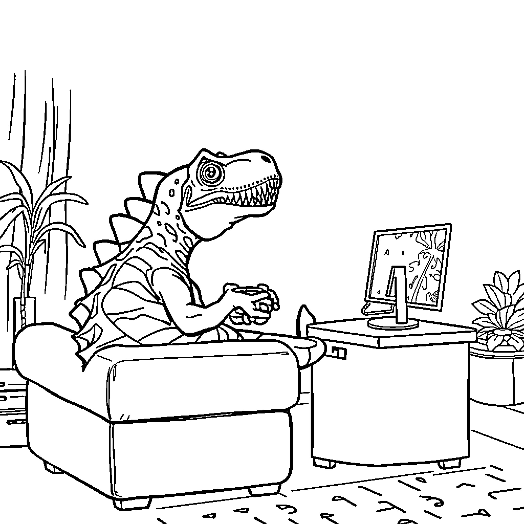 Dinosaur relaxing at home in the living room Coloring Page (free black-and-white line drawing printable PDF for all, from beginners to advanced learners, including children, teens, adults, and seniors)