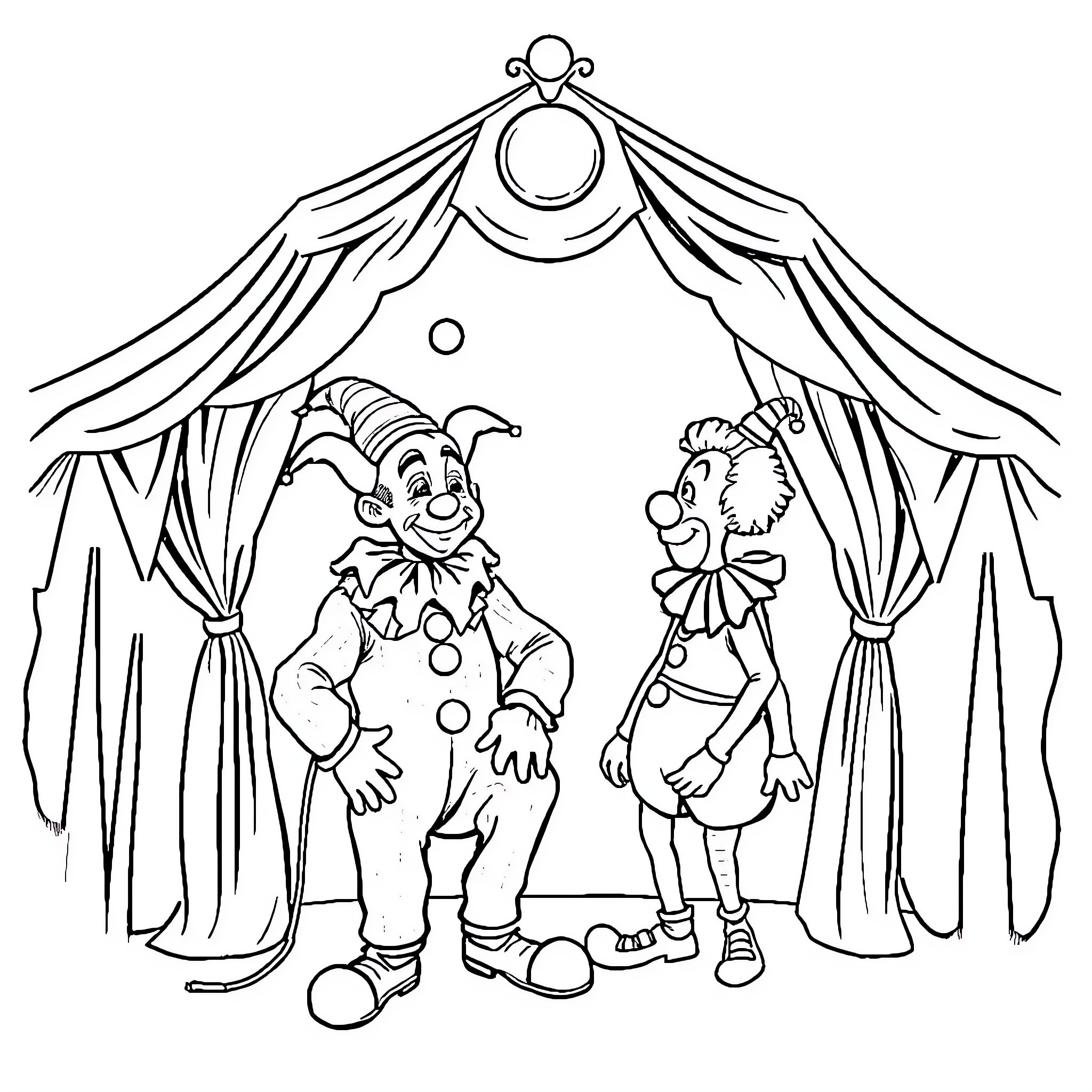 Clown performers on a stage Coloring Page (free black-and-white line drawing printable PDF for all, from beginners to advanced learners, including children, teens, adults, and seniors)