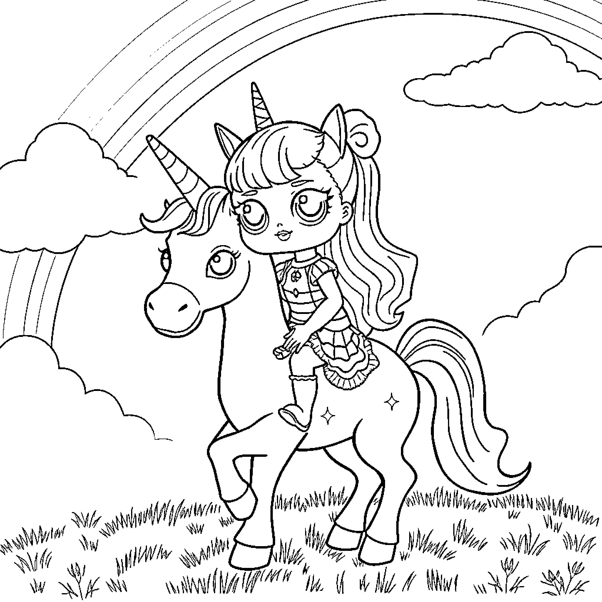 Lol Doll unicorn playing in a magical field Coloring Page (free black-and-white line drawing printable PDF for all, from beginners to advanced learners, including children, teens, adults, and seniors)