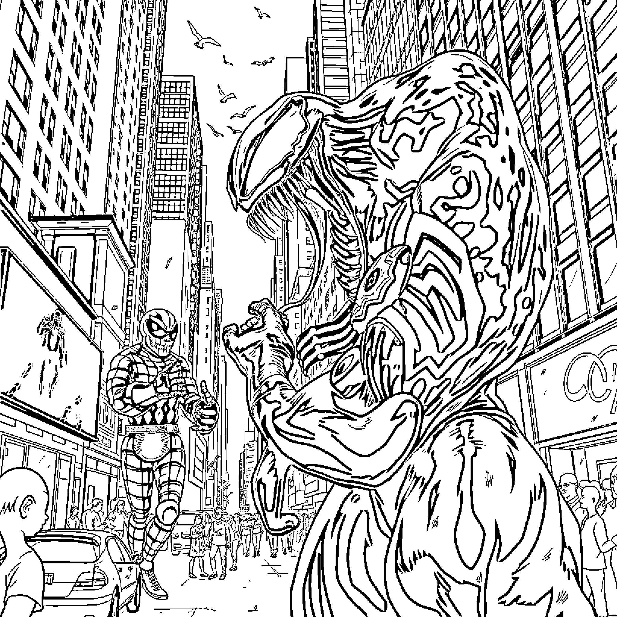 Venom Rampages Through the City Streets Coloring Page (free black-and-white line drawing printable PDF for all, from beginners to advanced learners, including children, teens, adults, and seniors)