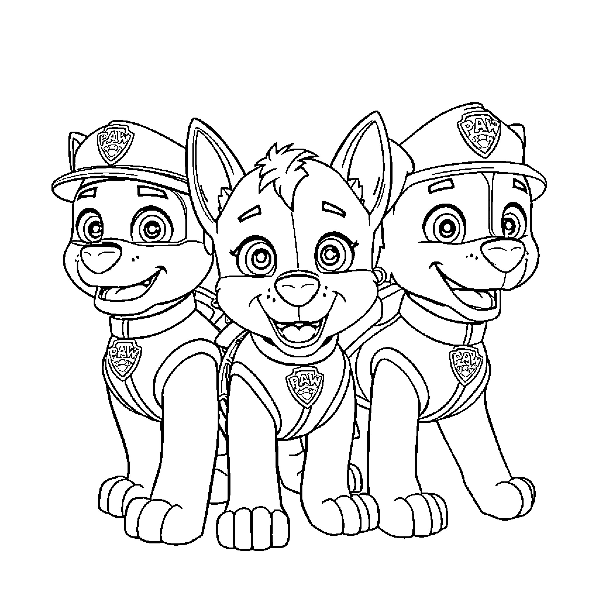 Paw Patrol puppies in uniform posing happily Coloring Page (free black-and-white line drawing printable PDF for all, from beginners to advanced learners, including children, teens, adults, and seniors)