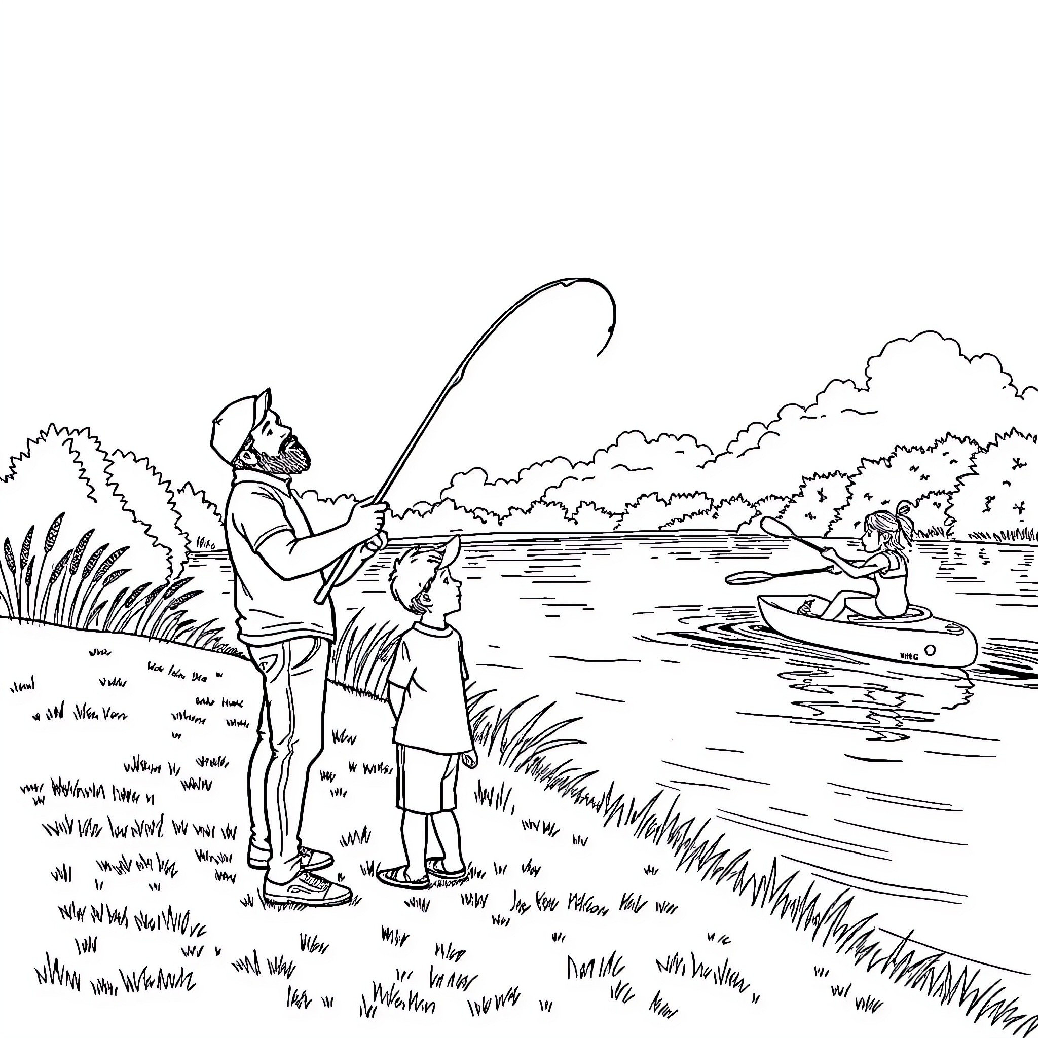 Father and child fishing by the river Coloring Page (free black-and-white line drawing printable PDF for all, from beginners to advanced learners, including children, teens, adults, and seniors)