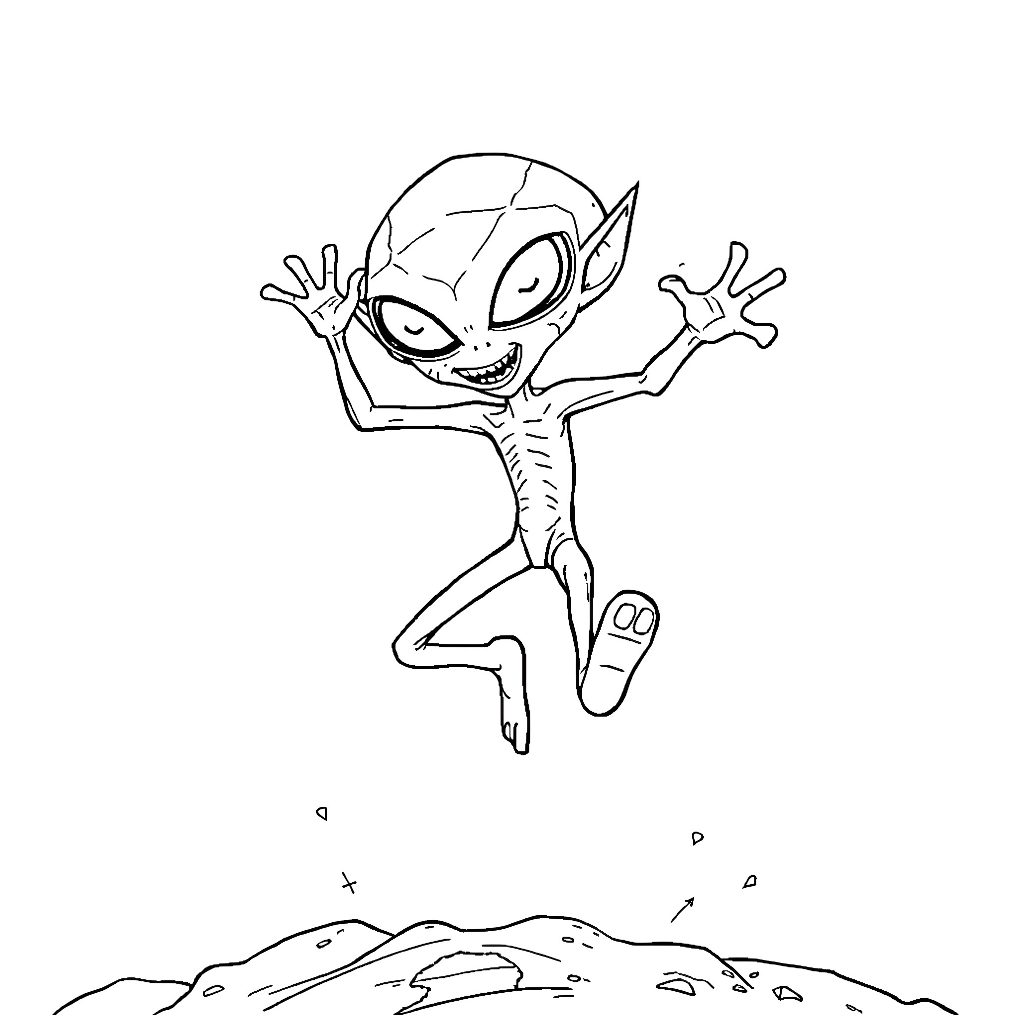 Alien creature jumping excitedly in the landscape Coloring Page (free black-and-white line drawing printable PDF for all, from beginners to advanced learners, including children, teens, adults, and seniors)