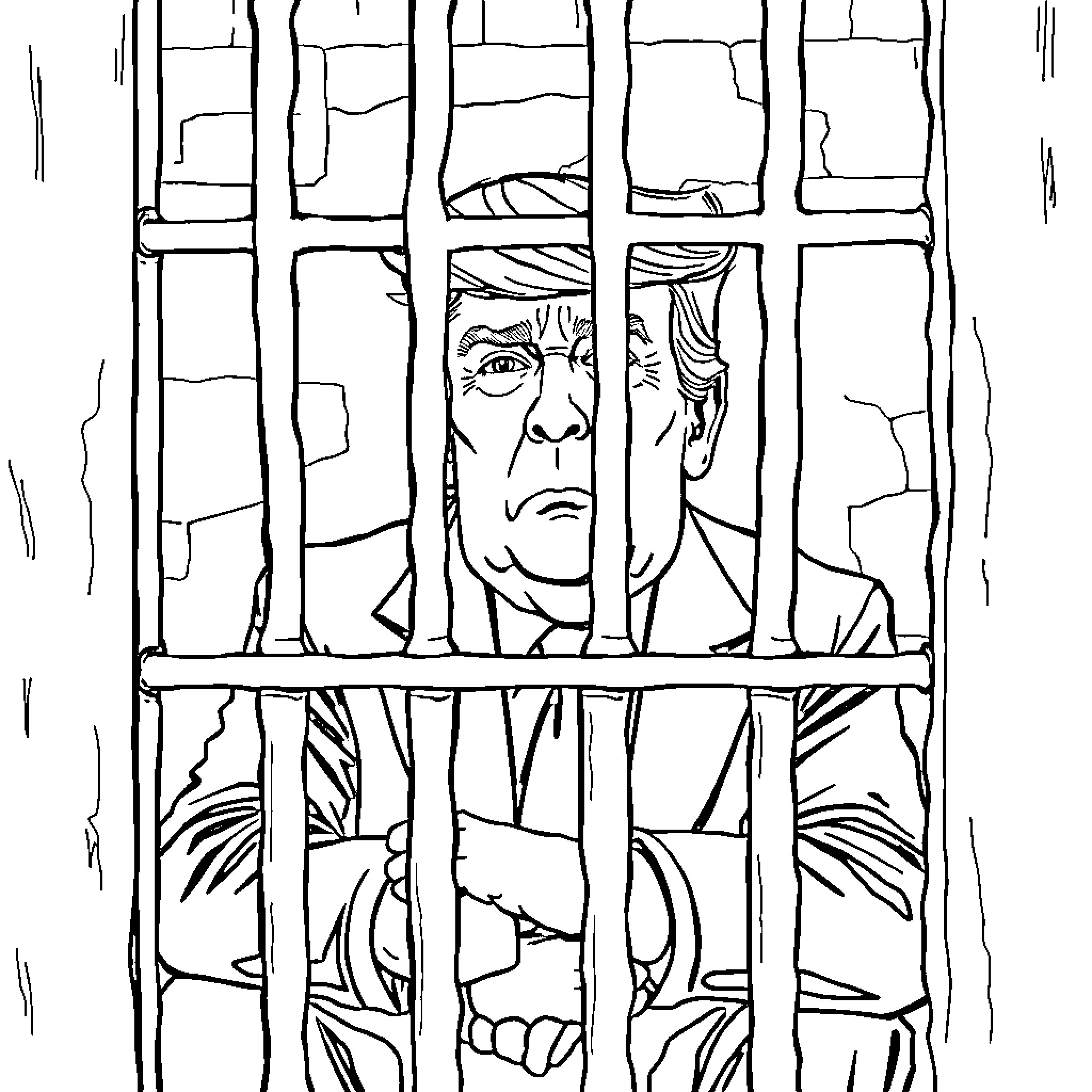 Donald Trump Behind Bars: A Powerful Political Statement Coloring Page (free black-and-white line drawing printable PDF for all, from beginners to advanced learners, including children, teens, adults, and seniors)
