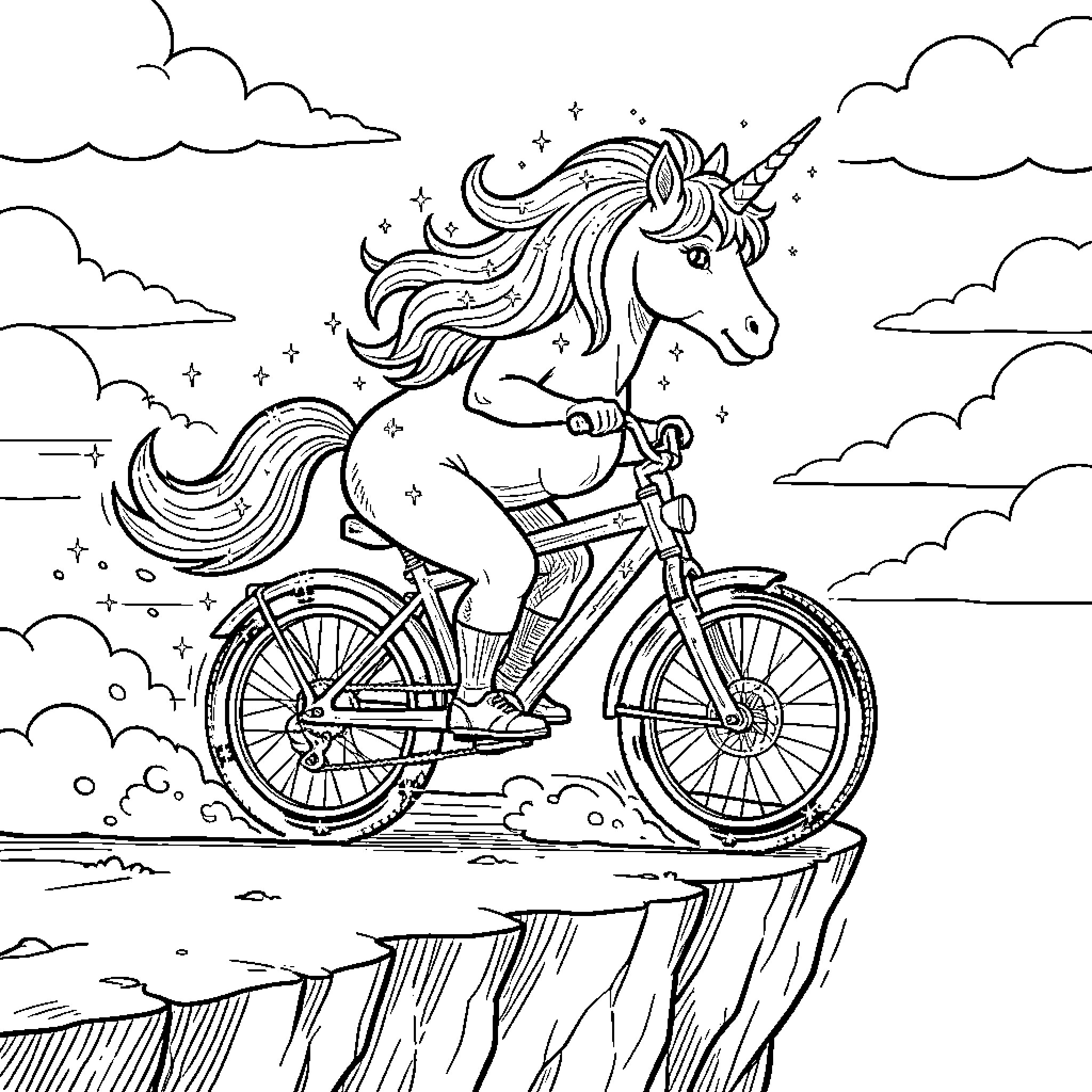 Unicorn riding a bicycle on the edge of a cliff Coloring Page (free black-and-white line drawing printable PDF for all, from beginners to advanced learners, including children, teens, adults, and seniors)