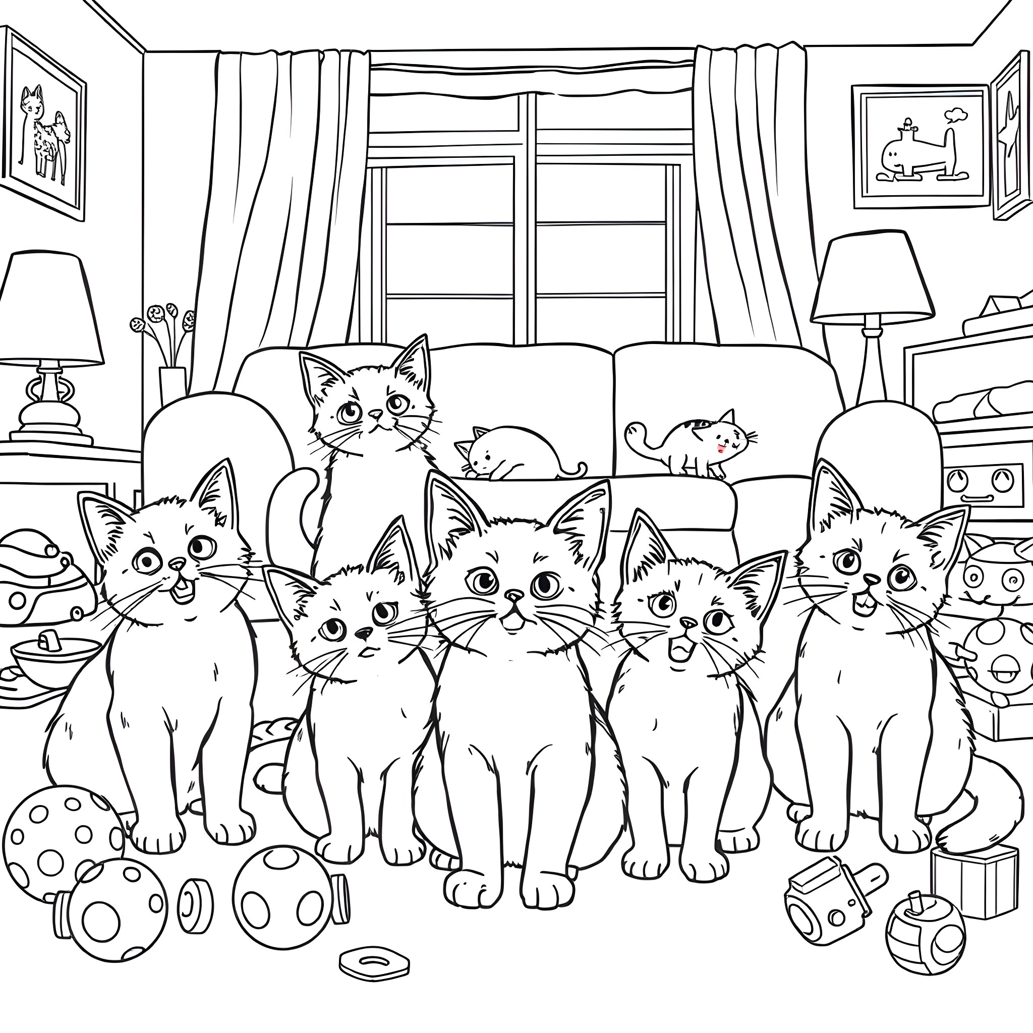 Cat family enjoying a cozy indoor setting Coloring Page (free black-and-white line drawing printable PDF for all, from beginners to advanced learners, including children, teens, adults, and seniors)