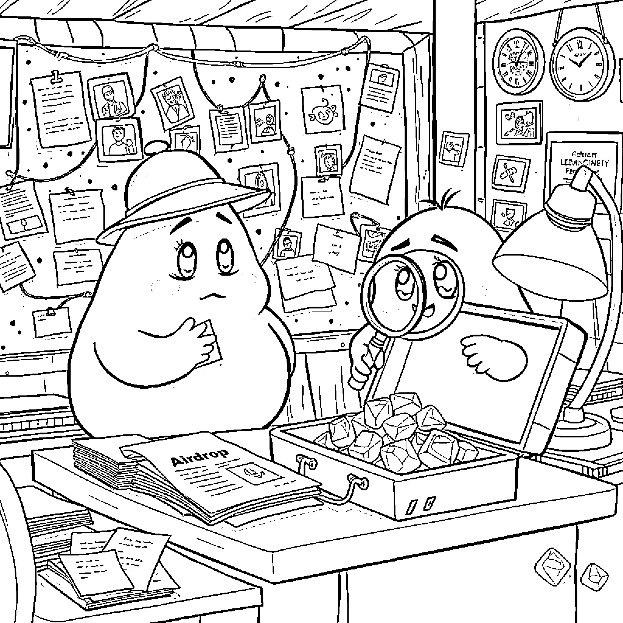 Blob Detective Investigates Cluttered Workspace Coloring Page (free black-and-white line drawing printable PDF for all, from beginners to advanced learners, including children, teens, adults, and seniors)