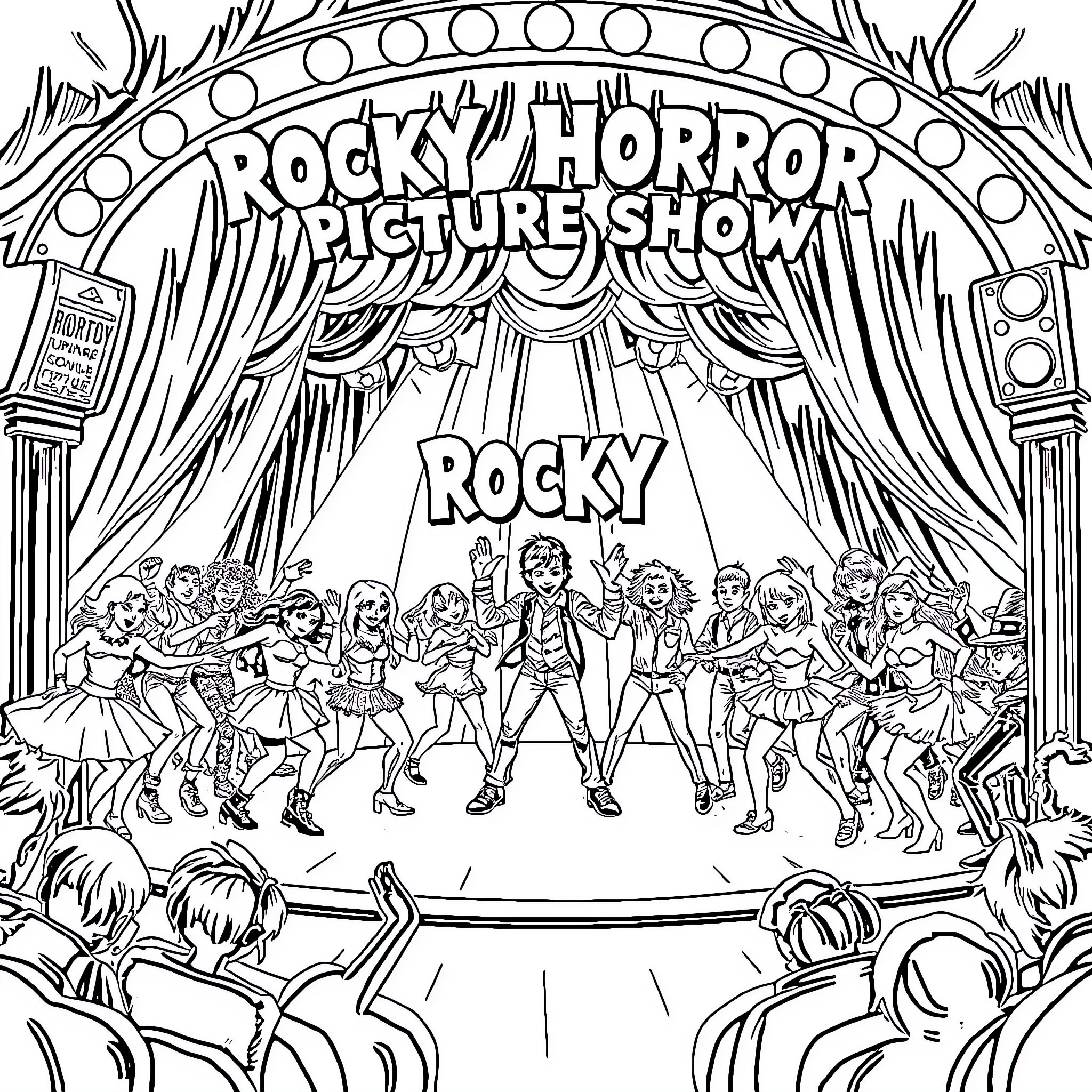 Rocky Horror Picture Show - Lively Theatrical Performance Coloring Page (free black-and-white line drawing printable PDF for all, from beginners to advanced learners, including children, teens, adults, and seniors)
