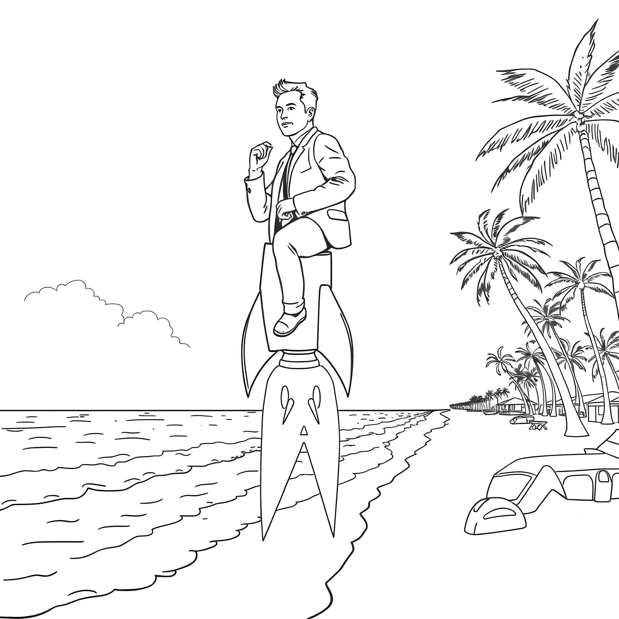 Elon Musk rides a rocket on a tropical beach Coloring Page (free black-and-white line drawing printable PDF for all, from beginners to advanced learners, including children, teens, adults, and seniors)