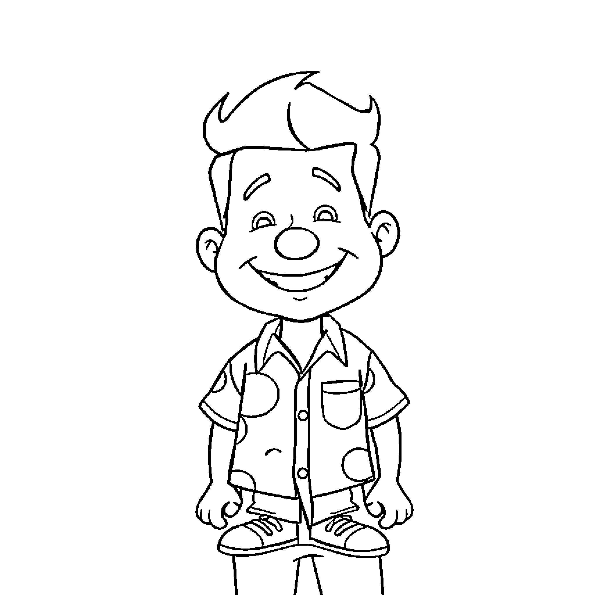 Steve smiles cheerfully in casual outfit Coloring Page (free black-and-white line drawing printable PDF for all, from beginners to advanced learners, including children, teens, adults, and seniors)