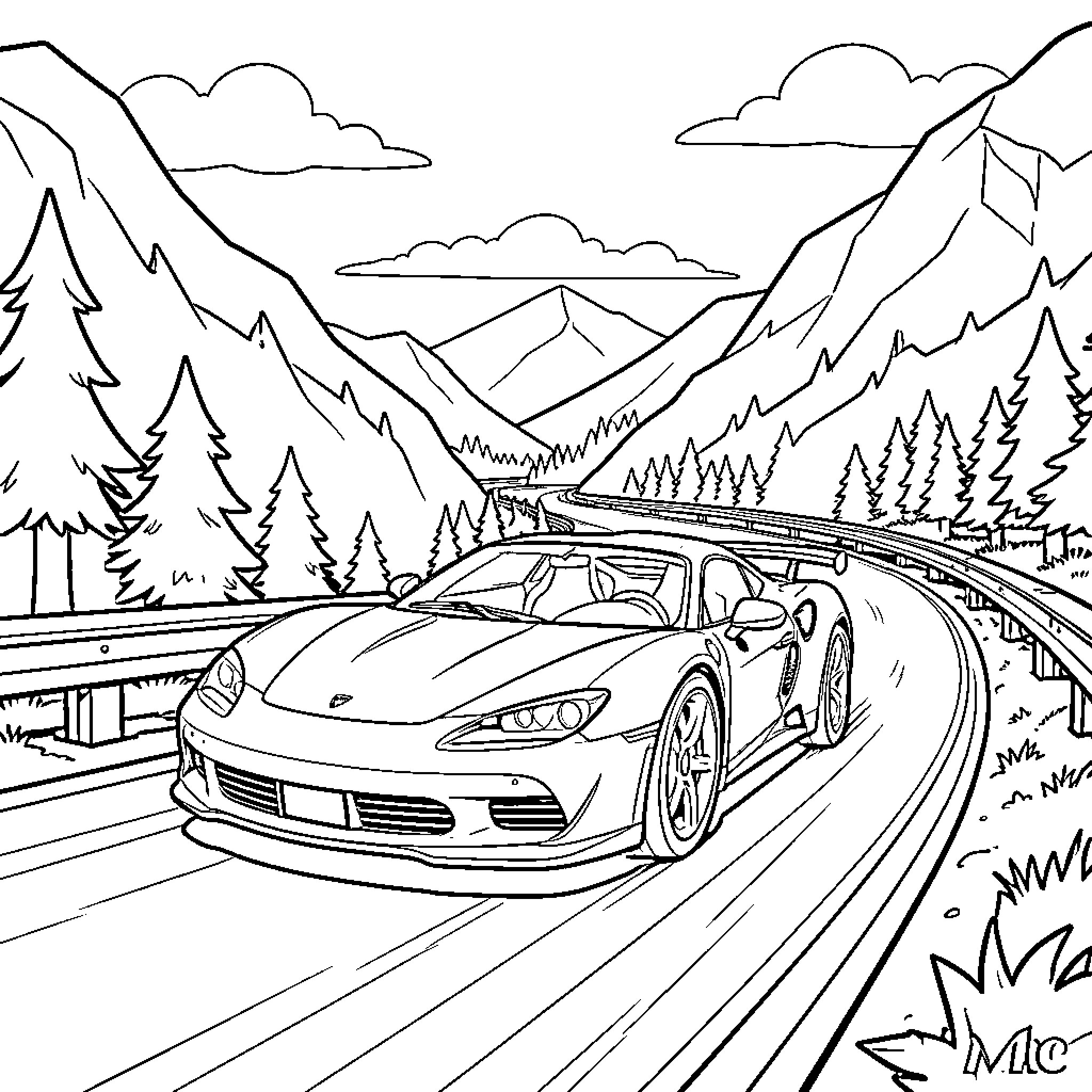 Flash Mac driving a sports car through mountain roads Coloring Page (free black-and-white line drawing printable PDF for all, from beginners to advanced learners, including children, teens, adults, and seniors)