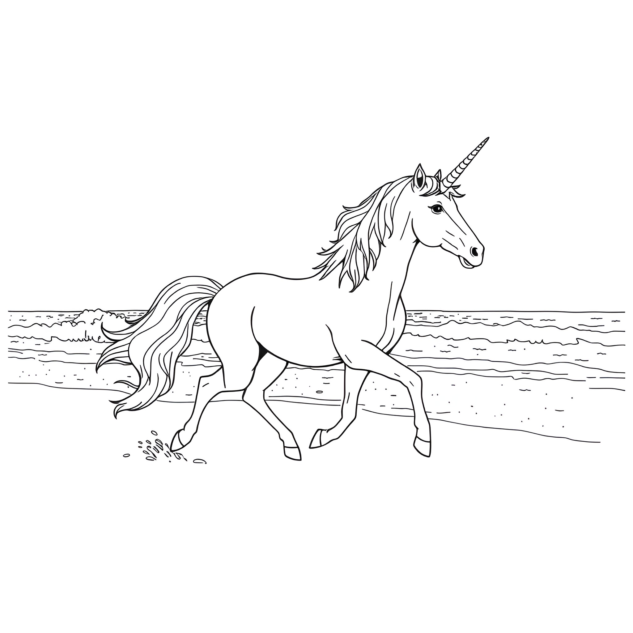Unicorn galloping freely on the beach Coloring Page (free black-and-white line drawing printable PDF for all, from beginners to advanced learners, including children, teens, adults, and seniors)