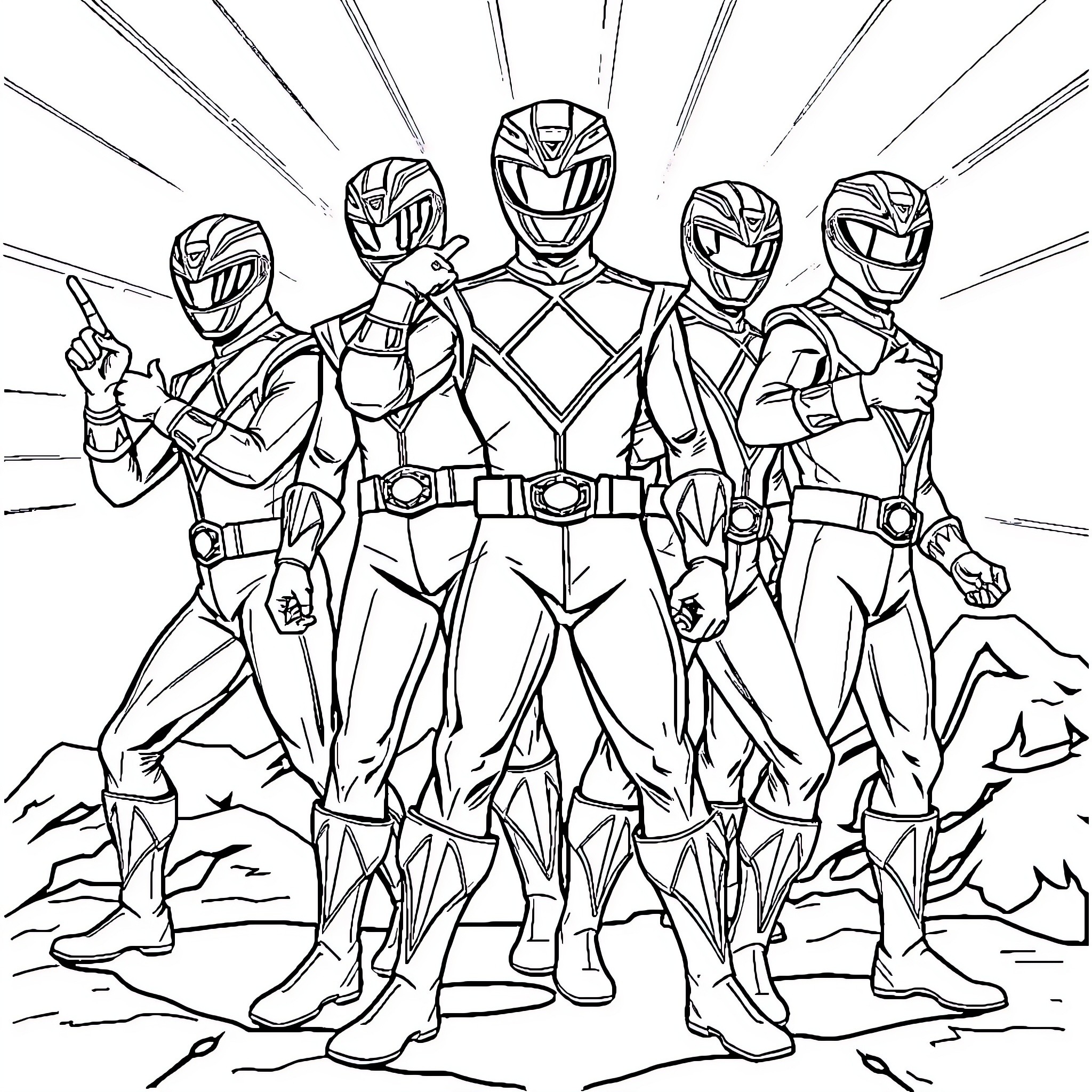 Power Rangers Heroic Pose and Action Coloring Page (free black-and-white line drawing printable PDF for all, from beginners to advanced learners, including children, teens, adults, and seniors)