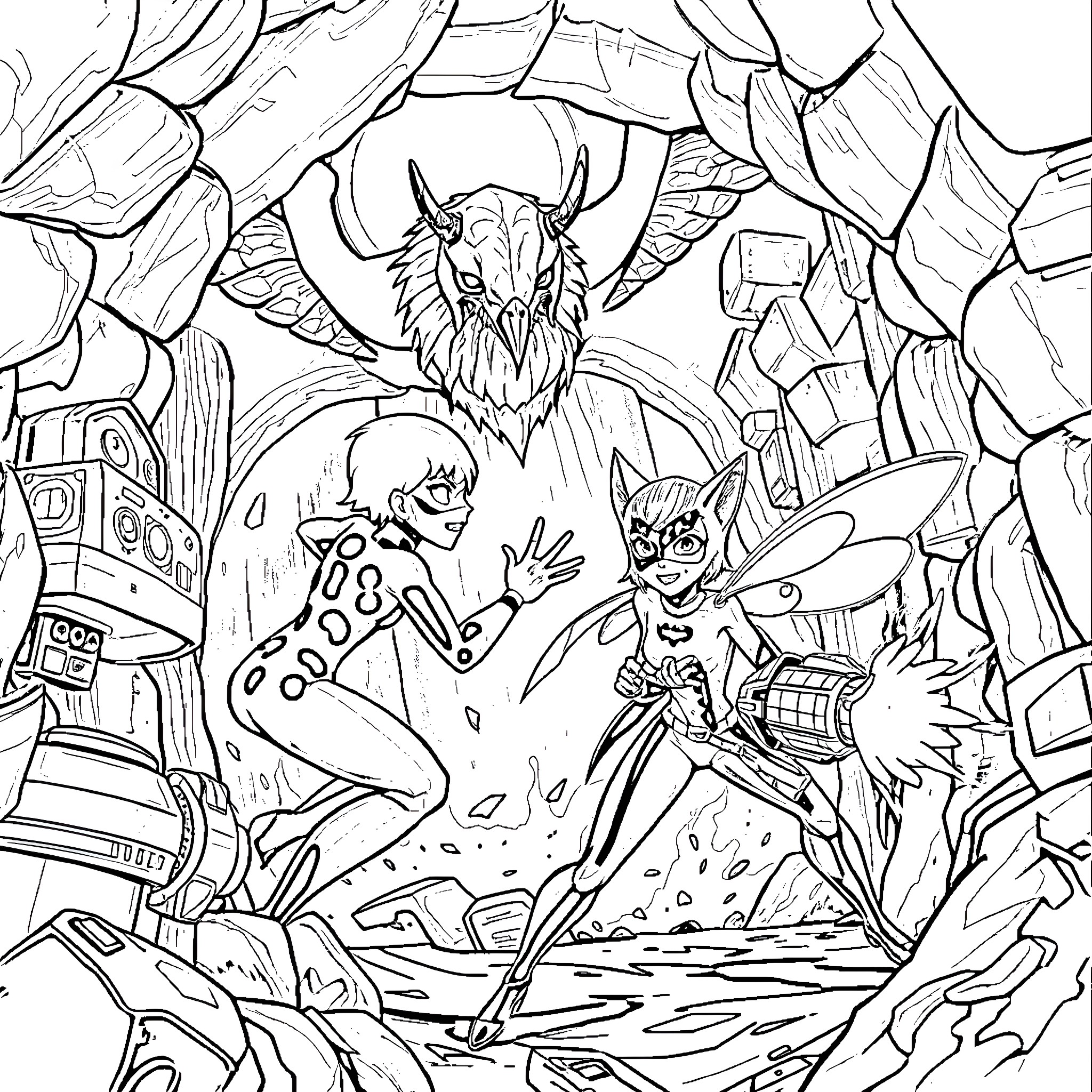 Ladybug adventurers facing a fearsome foe in a fantastical world Coloring Page (free black-and-white line drawing printable PDF for all, from beginners to advanced learners, including children, teens, adults, and seniors)