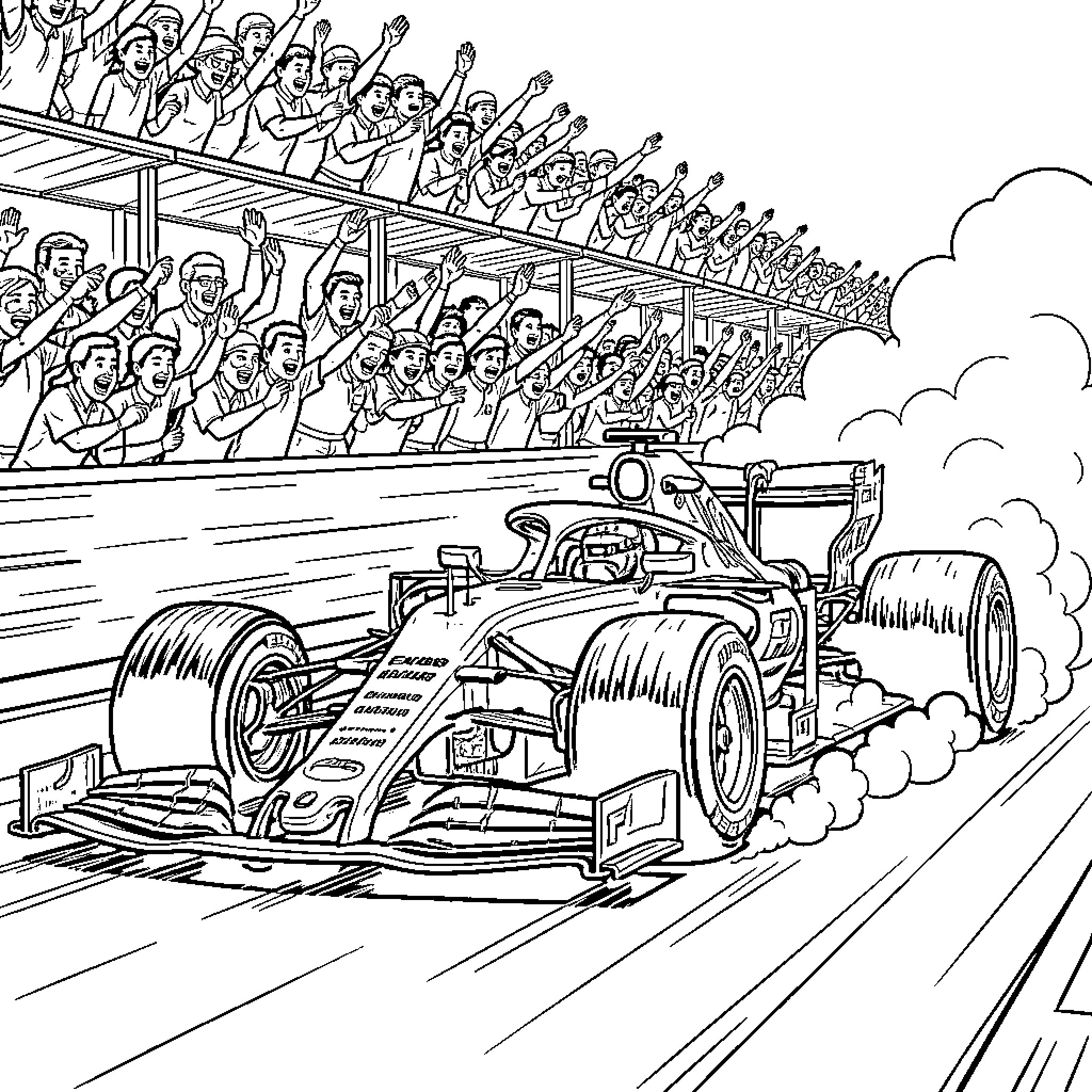 F1 Car speeding on racetrack with excited crowd Coloring Page (free black-and-white line drawing printable PDF for all, from beginners to advanced learners, including children, teens, adults, and seniors)